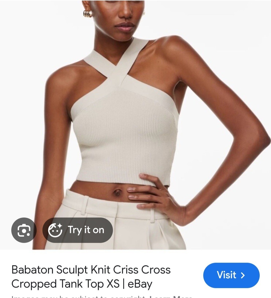 TWO Babaton Sculpt Knit Criss Cross Cropped Tank Tops — Cream & Grey. Size XL