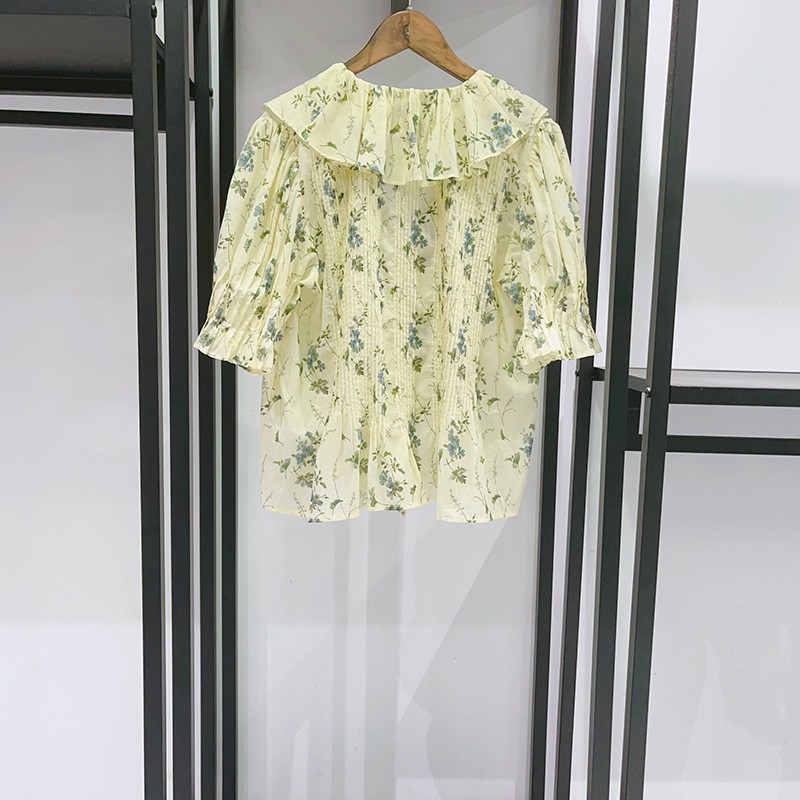DOEN Floral Print Puff Sleeve Blouse V Neck Tie Front