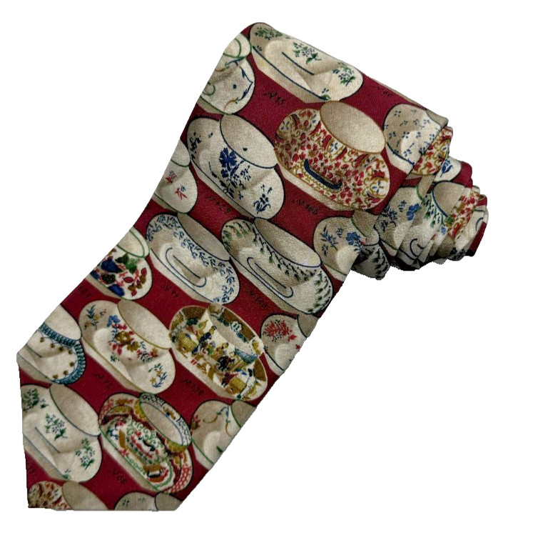 Vtg 1980s Yves Saint Laurent YSL 100% Silk Neck Tie Teacups Saucers 3 1/2×58 in
