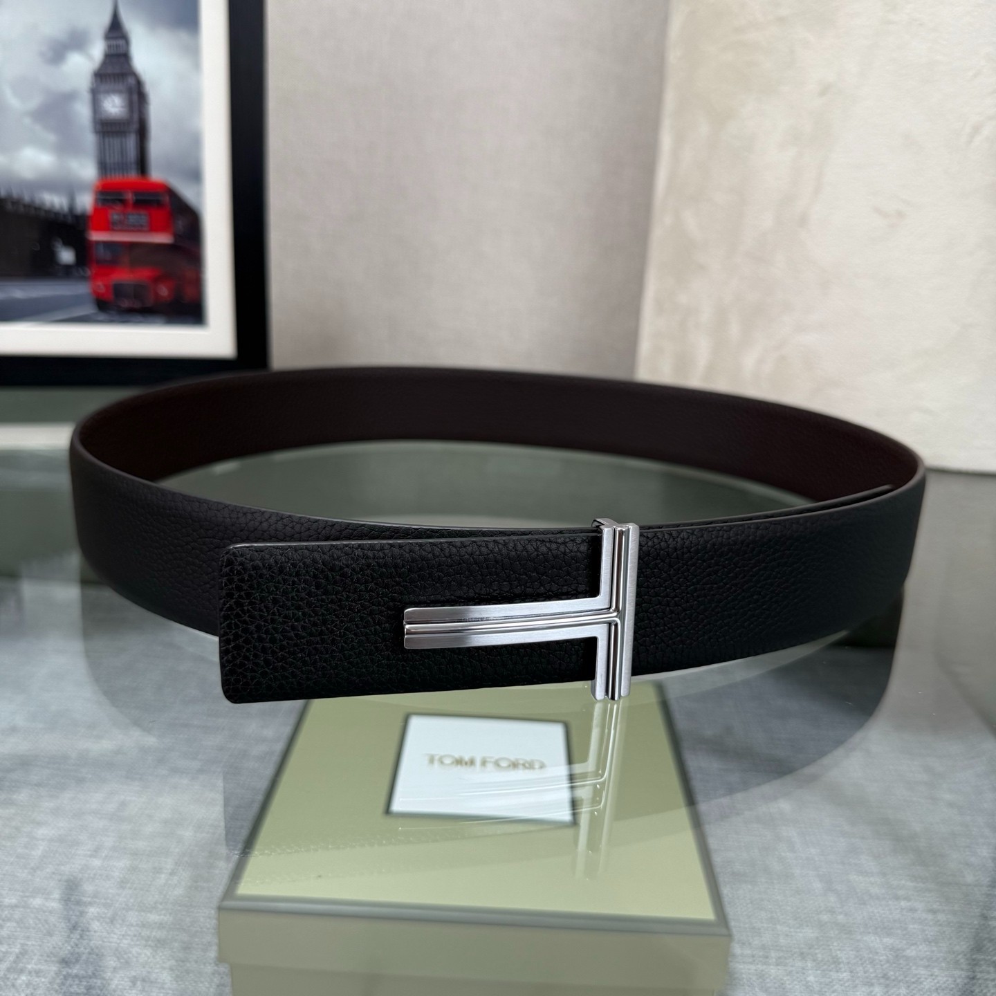 Authentic Tom Ford Reversible Leather T-Buckle Belt Luxury Designer Fashion