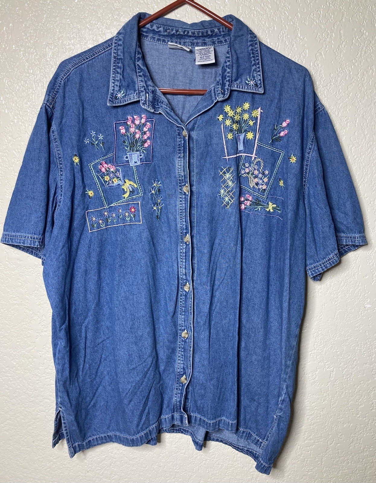 VTG Bobbie Brooks Denim Shirt 22/24W Floral Embroidered Cottagecore Country