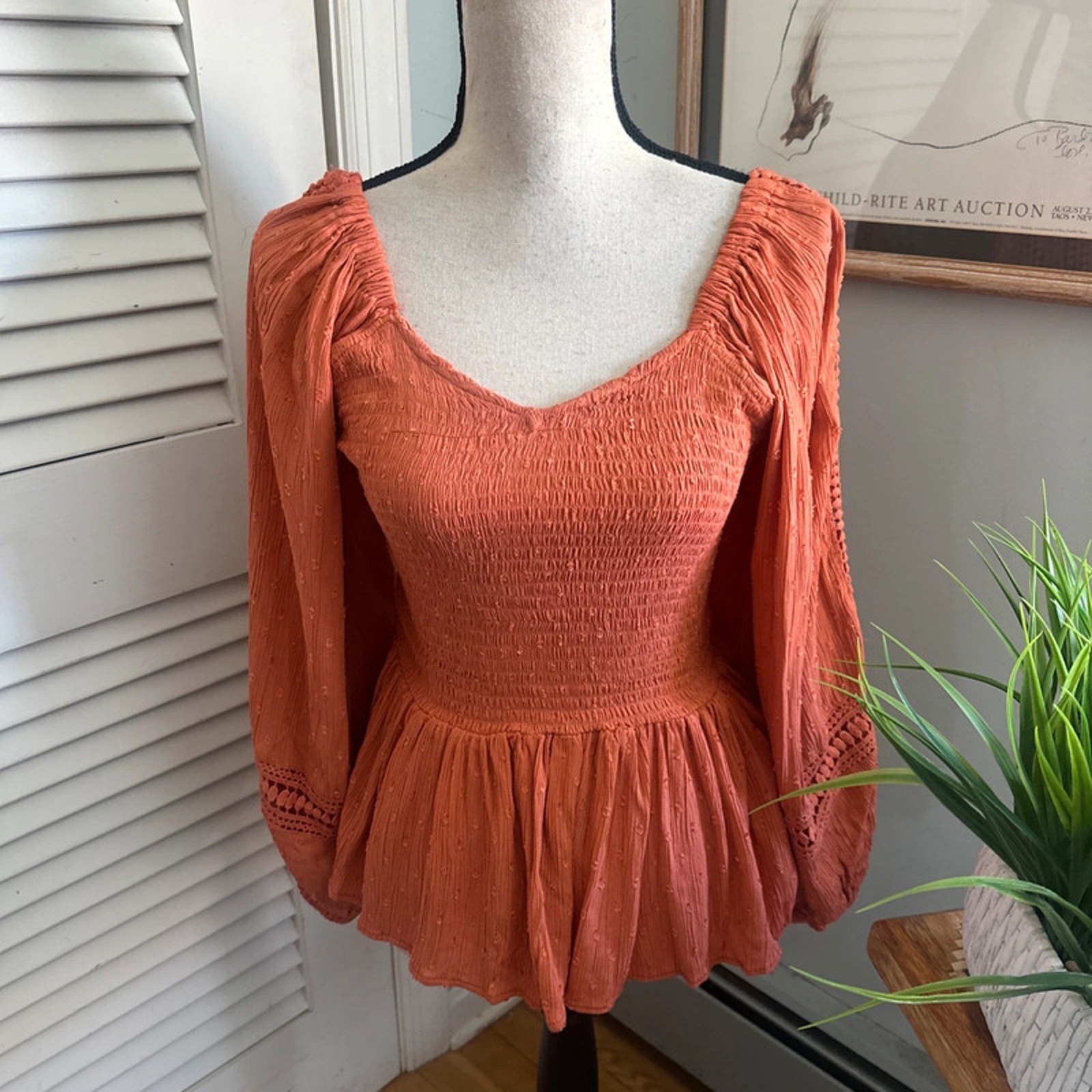 Vintage Nostalgia Top Medium Rust Orange Smocked MilkmaidRetro Y2K Boho