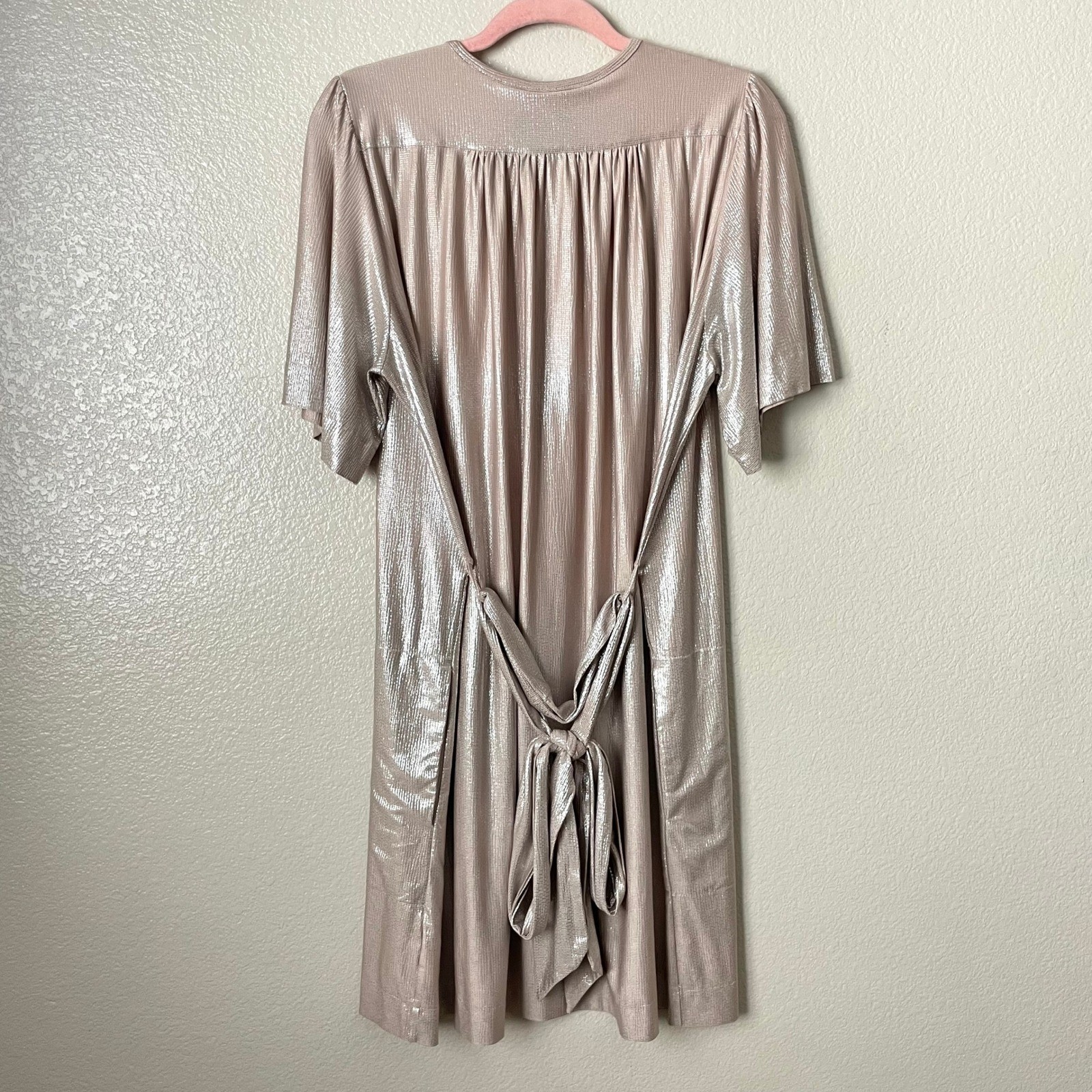 Sabina Musayev Dress Large Metallic Shimmer Pleated Mini Button Front Belted