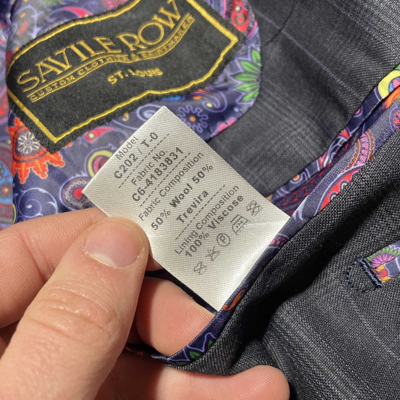Savile Row Bespoke Grey Purple Plaid Wool Trevira Two-Piece Suit SZ L 36×29