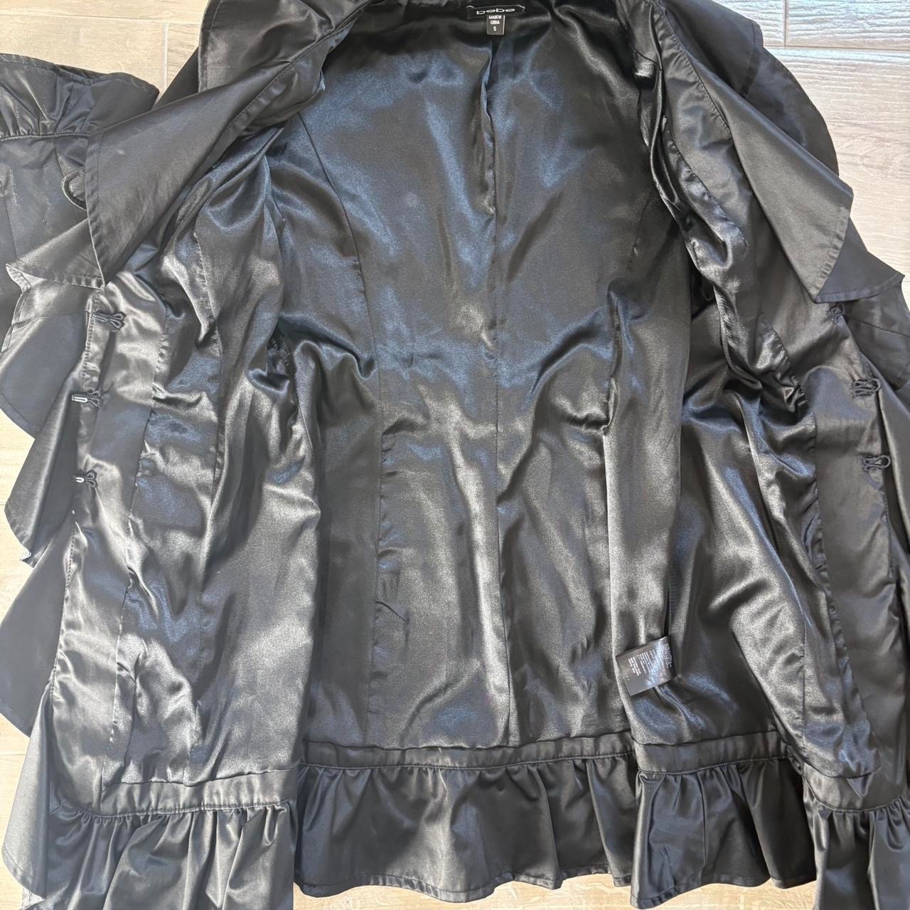 bebe Shiny Ruffle Trim Black Shirt Trench Coat Small Tie Waist Hook Close