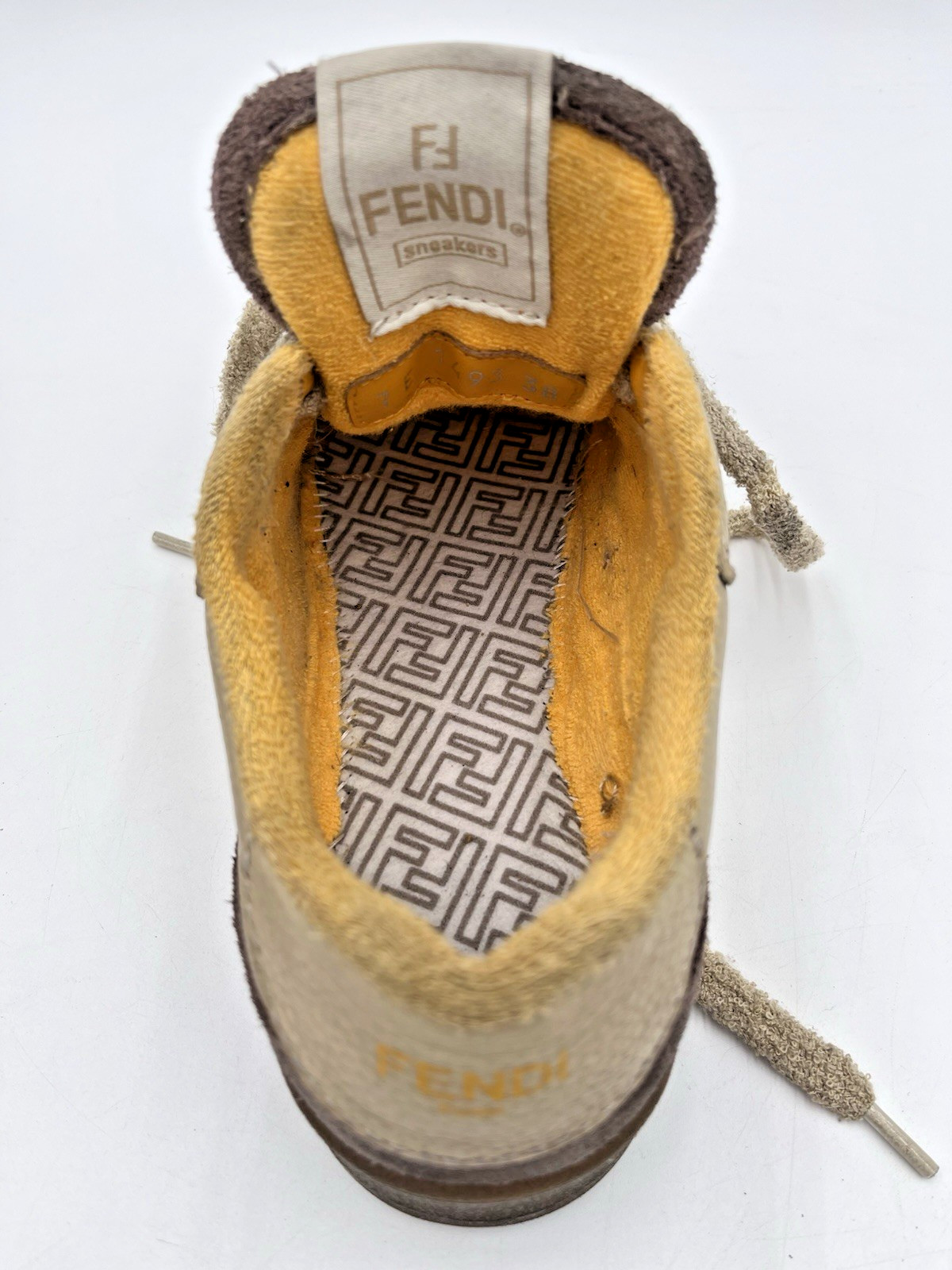 Fendi Match Low Top Bicolor Yellow/Beige Suede Leather FF Logo Sneakers Womens 8