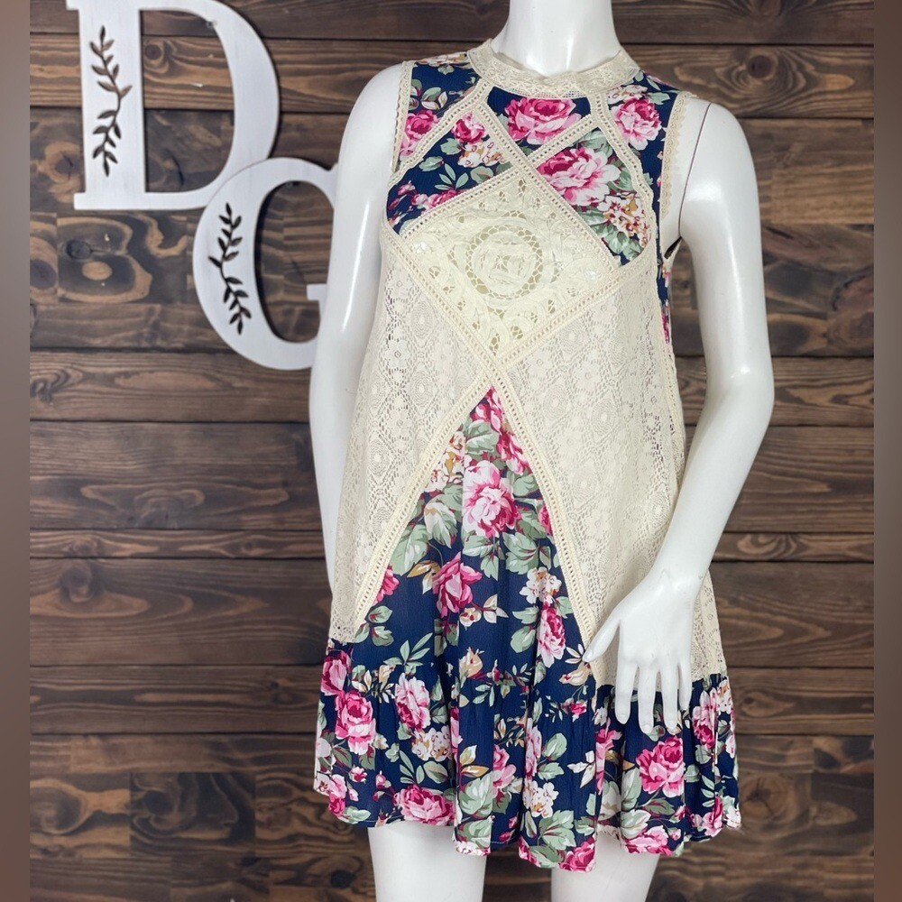 Umgee Lace Mesh Crochet Floral Ruffle Sleeveless Mini Dress Open Back Cut Out
