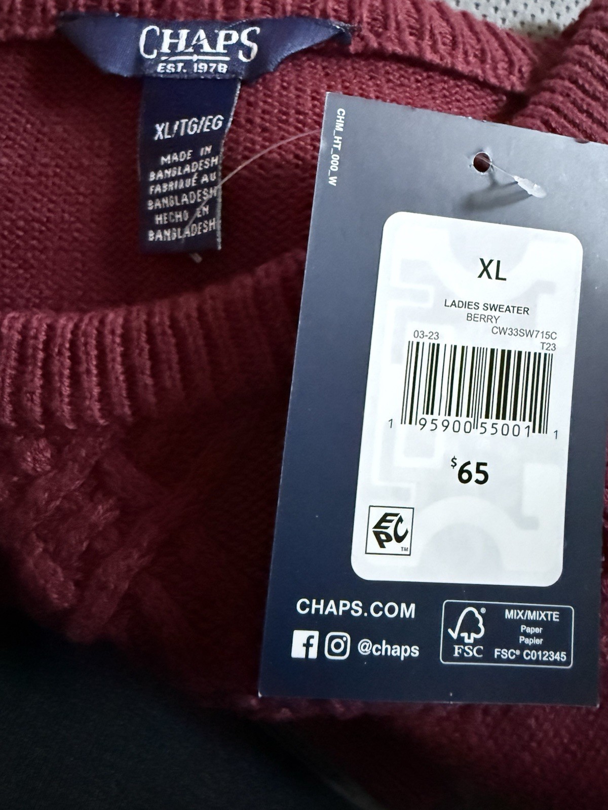 NWT Chaps Women’s Cotton Acrylic Blend Burgundy Crew Neck Sweater Size XL