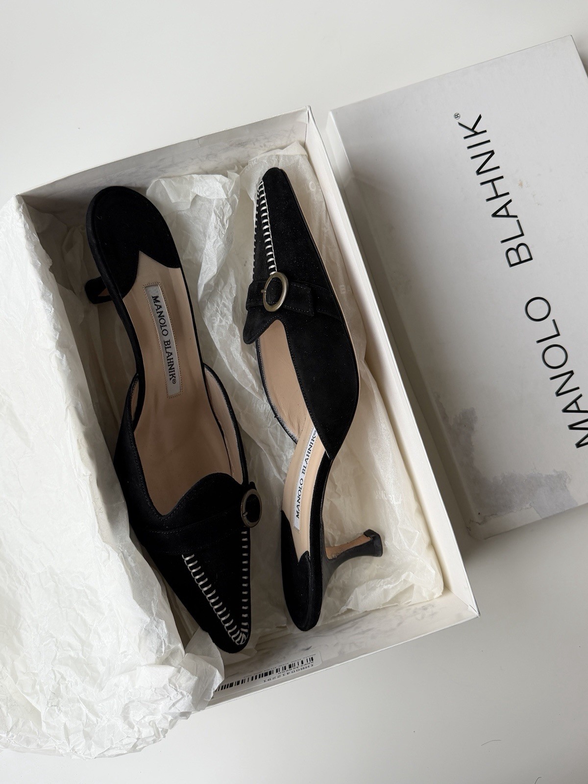 Manolo Blahnik vintage black suede mules, IT 38, ~ US 7.5-8, kitten heel: 2”