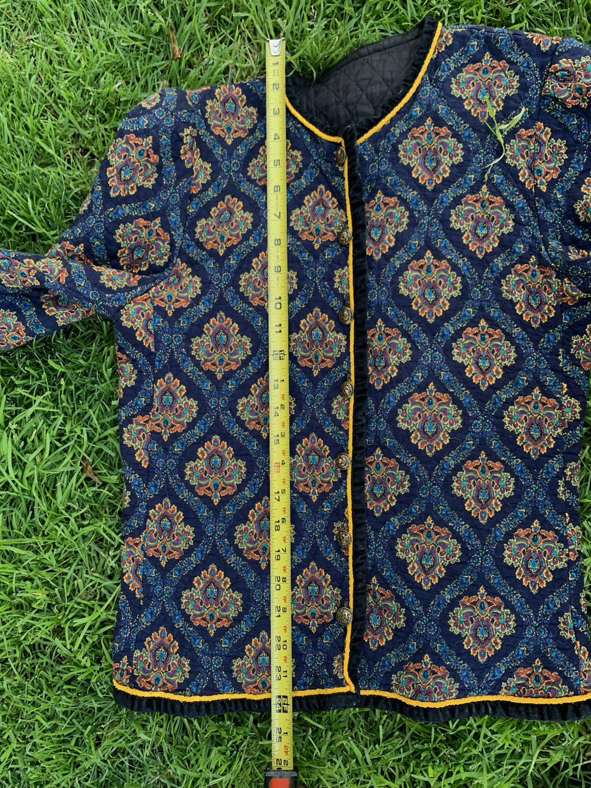 Women’s Blue Paisley Jacket, Button Front, Lined, Yellow Trim