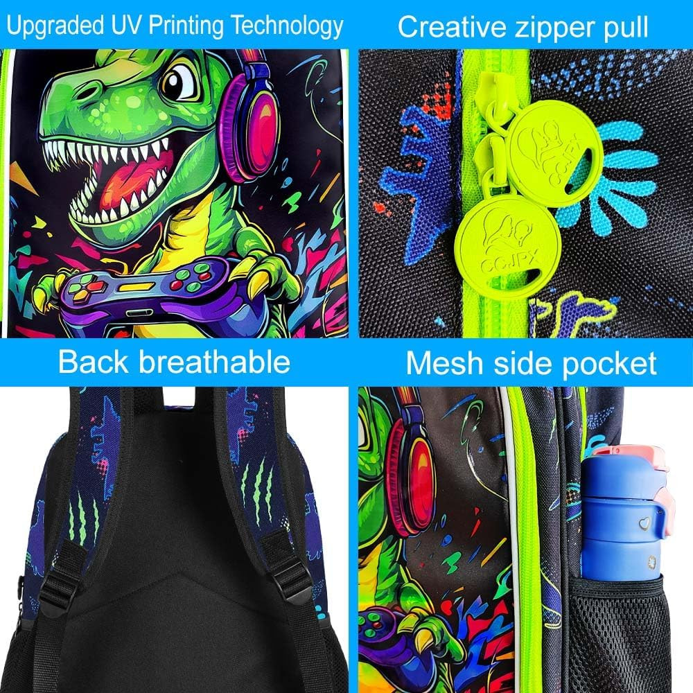 3PCS Boys Dinosaur Play Game Backpack Set, Water Resistant 16″ Kids Preschool Bo