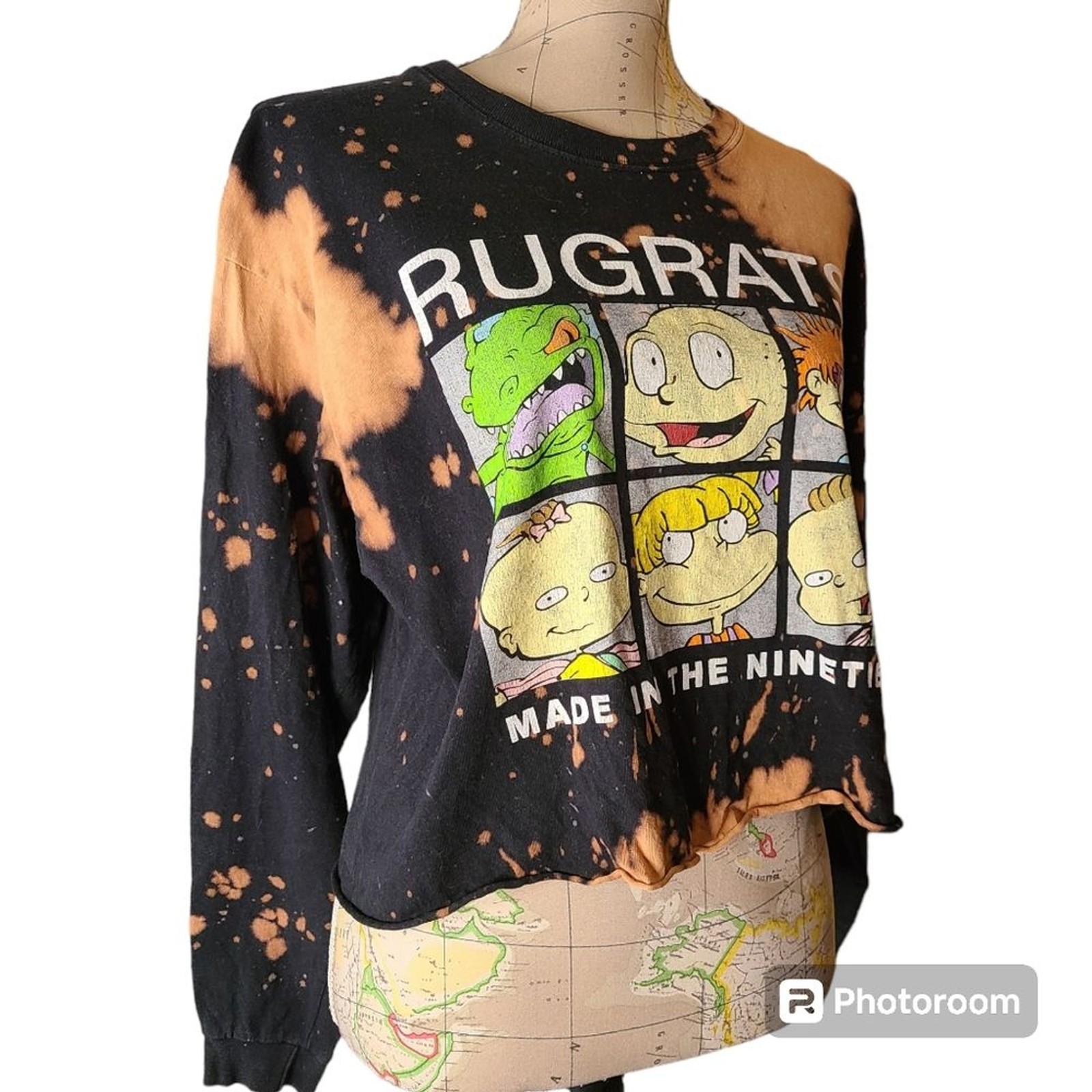 RUGRATS Size Large Black Thrashed Bleached Cropped Long Sleeve T-Shirt Kidcore