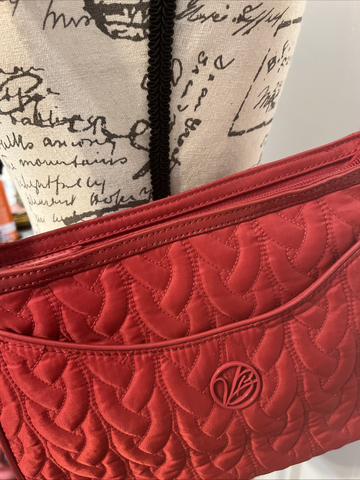 Vera Bradley Vintage Quilted Shoulder Bag Red Microfiber Purse Logo Stitching
