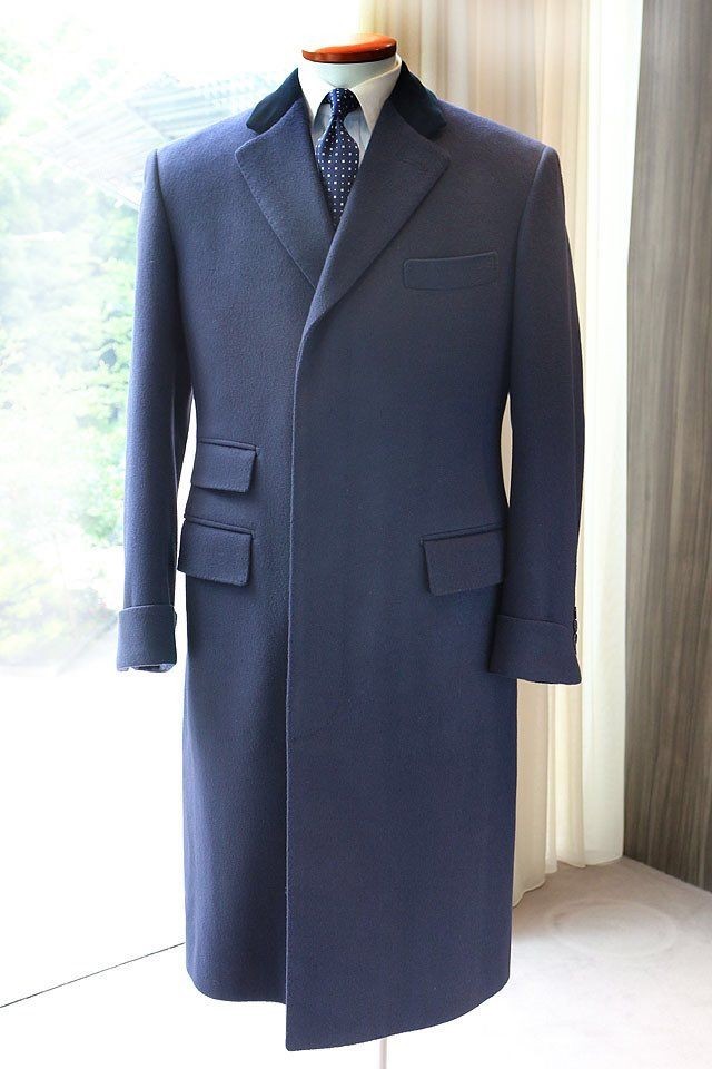Cashmere Men Long Overcoat Navy Blue Wool Blend Coat Winter Business Outwear