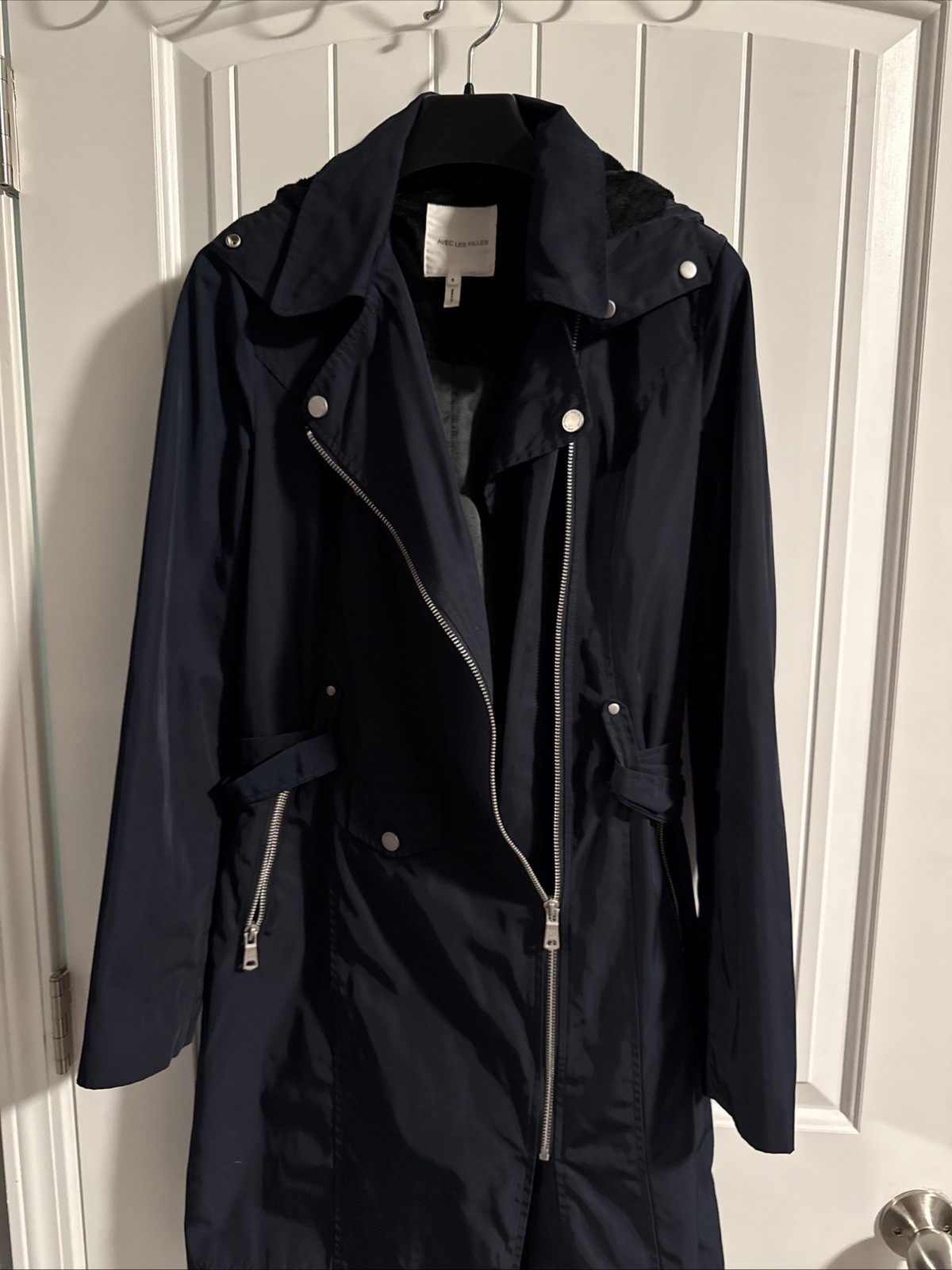 Avec Les Filles Women’s Belted Moto Hooded Trench Coat Jacket Blue S Versatile