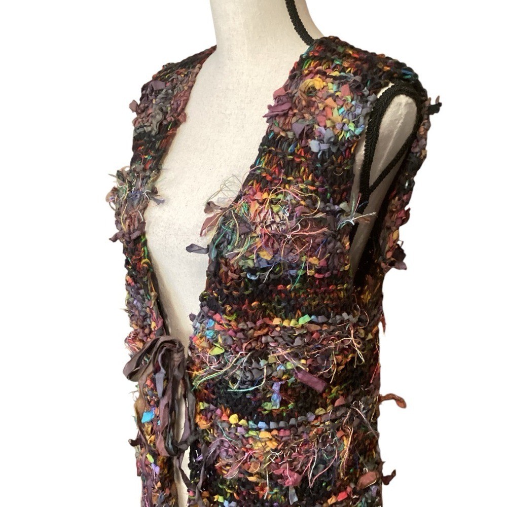 Knit & Crochet Fabric Tie Shabby Chic Vest Multicolor Front Tie Art to Wear