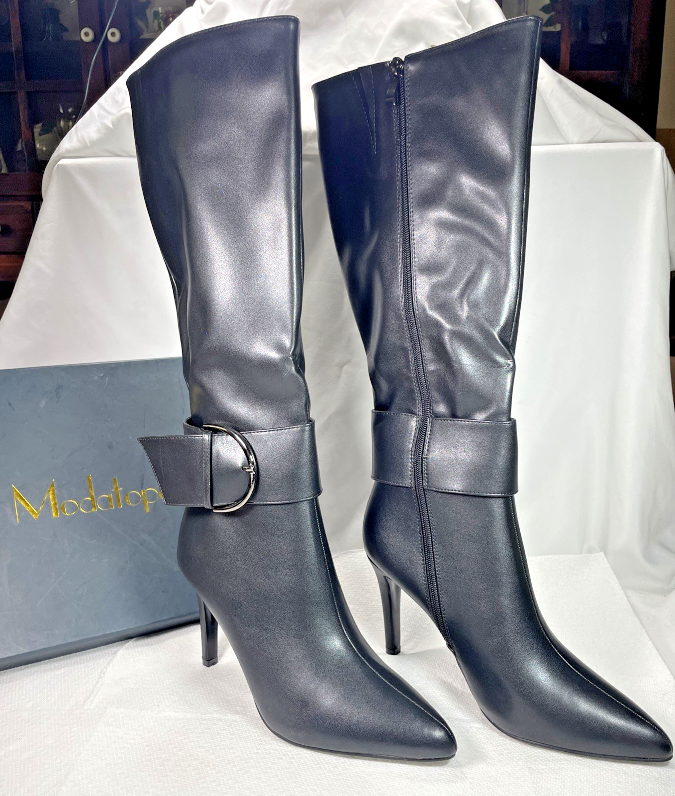 Modatope Knee High Boots Womens 9.5 Black Faux Leather Pointed Toe NEW