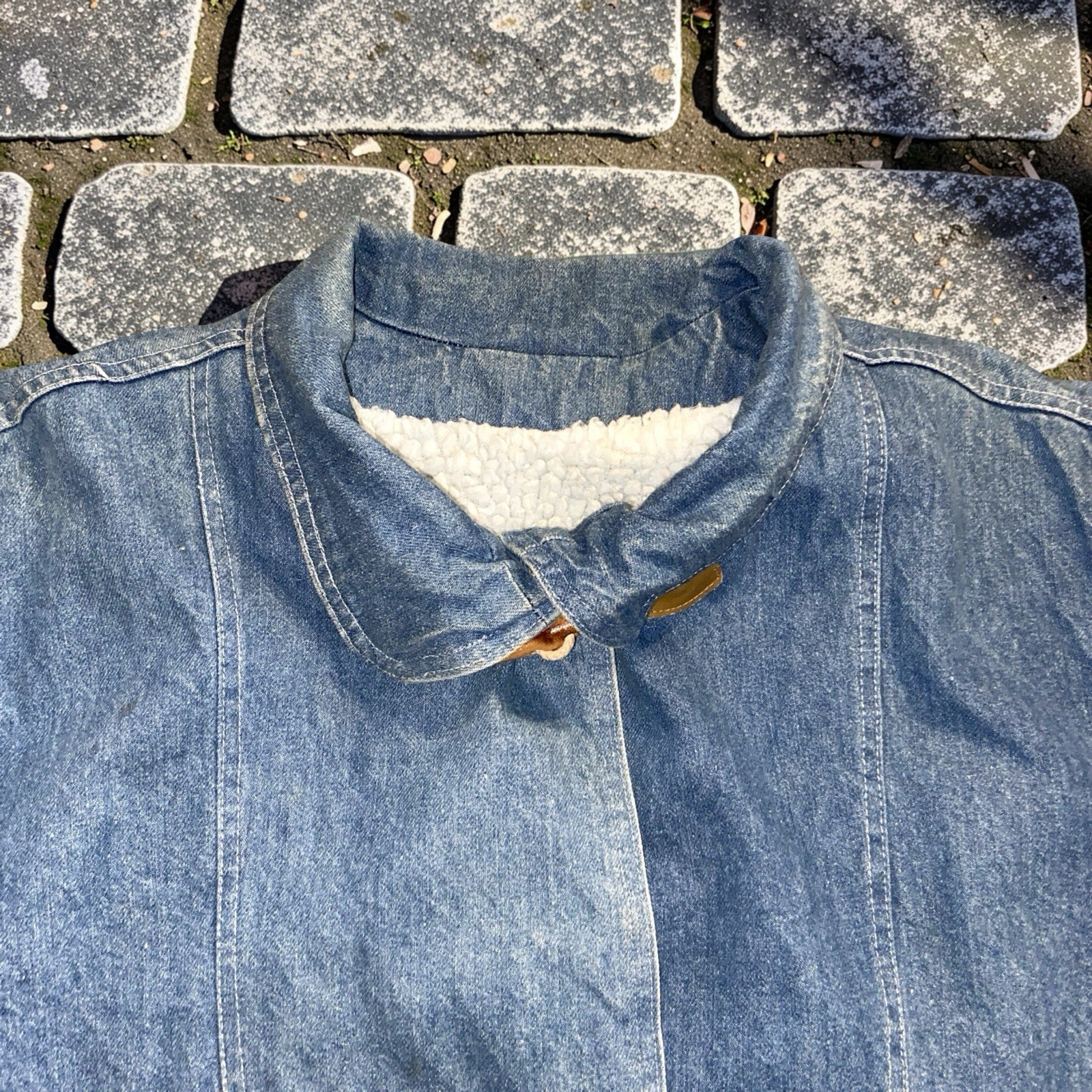Vintage 90s Denim Duffle Coat Toggle Jacket Sherpa Lined Size M Made in USA