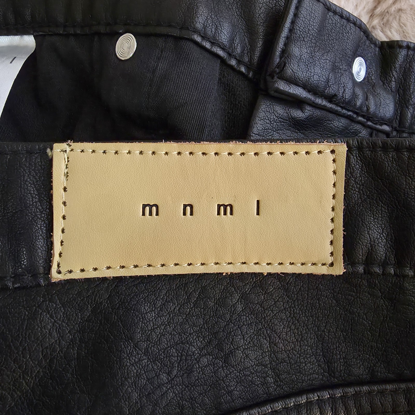 mnml Men’s Black Solid Flat Front Polyurethane Pants, Button/Zip, 5-Pocket, 36