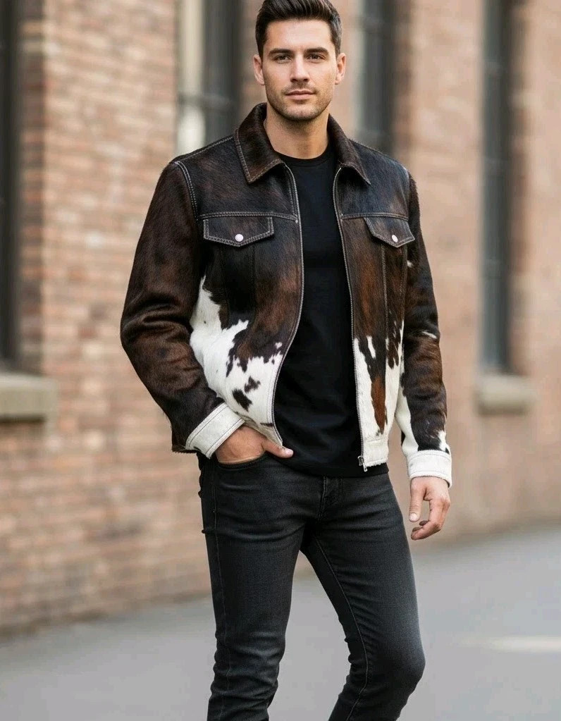 Men’s Hair On Cowhide Leather Jacket Motorcycle Biker Zip Up Real Leather