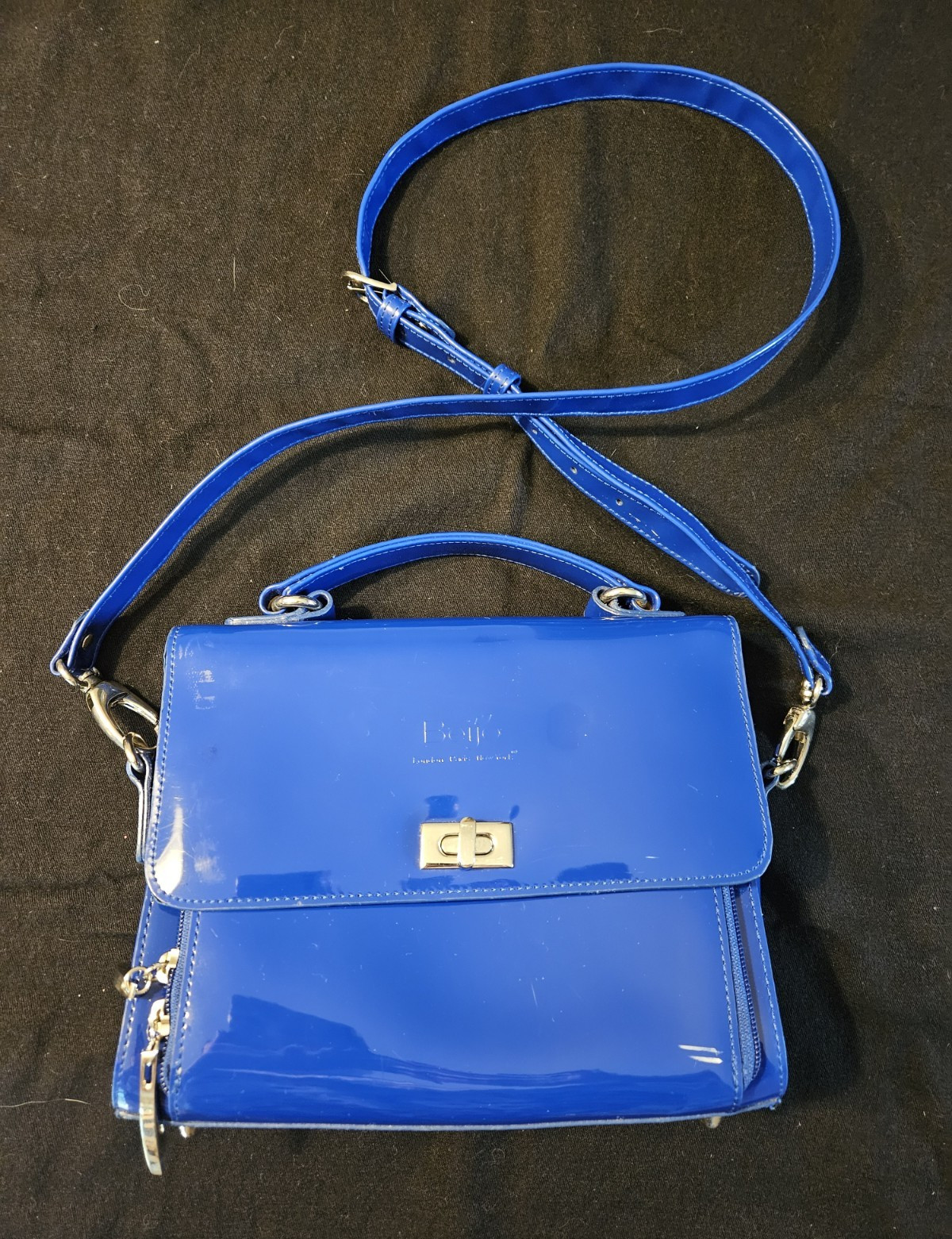 Beijo Blue Patent Crossbody Satchel Top Handle Interior Pockets & ID/Card Slots