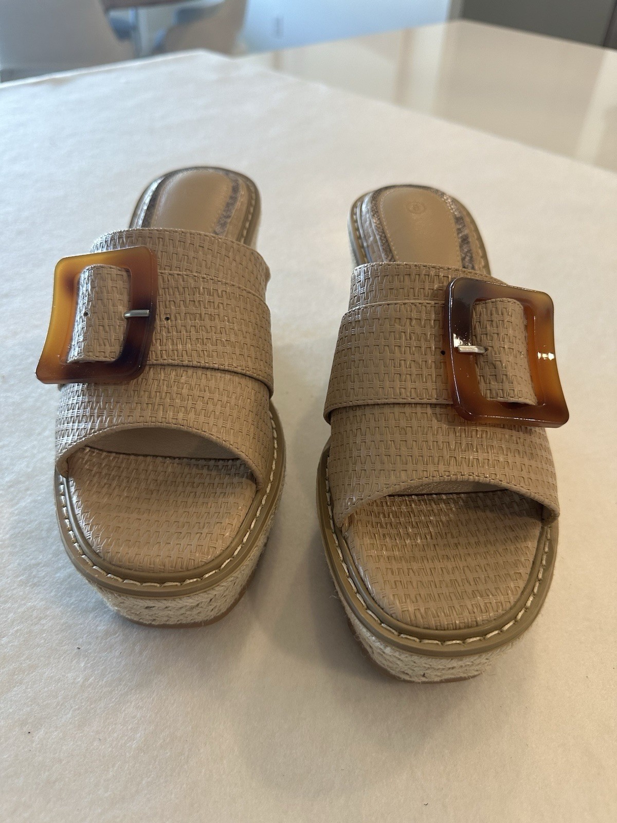 Coulga Women’s Wedge Platform Slide Sandals Buckle Beige Synthetic Rubber