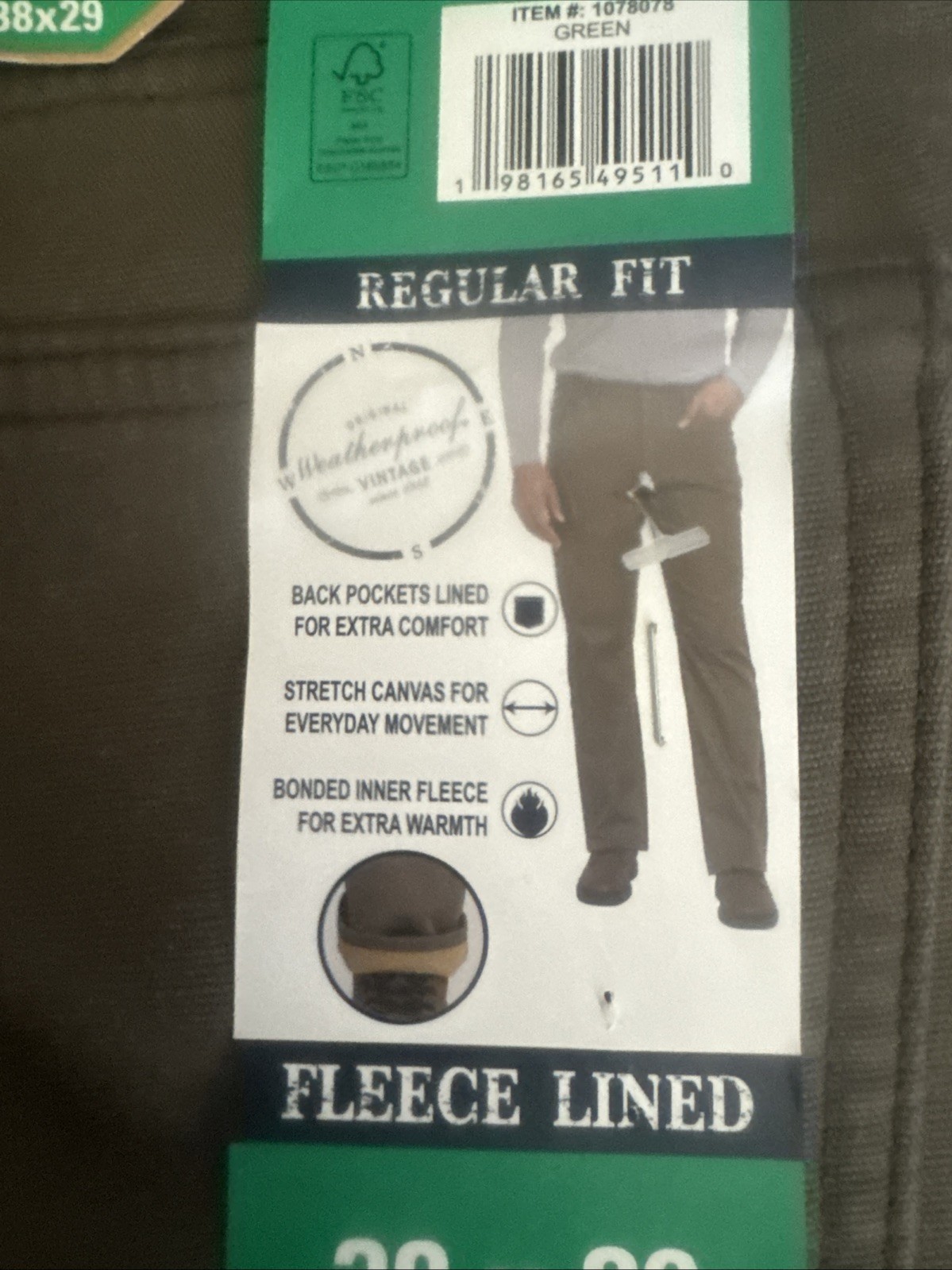 NWT WEATHERPROOF VINTAGE Men’s Stretch Canvas Bonded Fleece Lining Pant 38×29