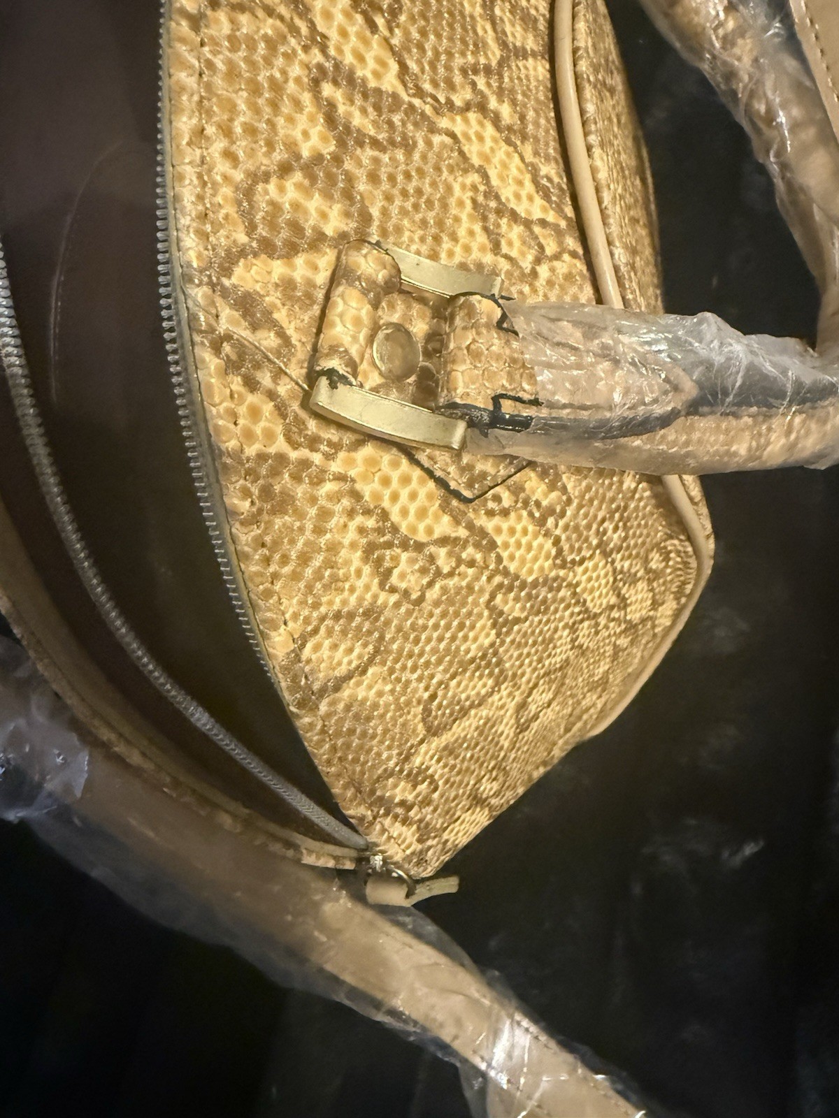 Beige Snake Animal Print Small Satchel Top Handle Zip, Detachable Strap
