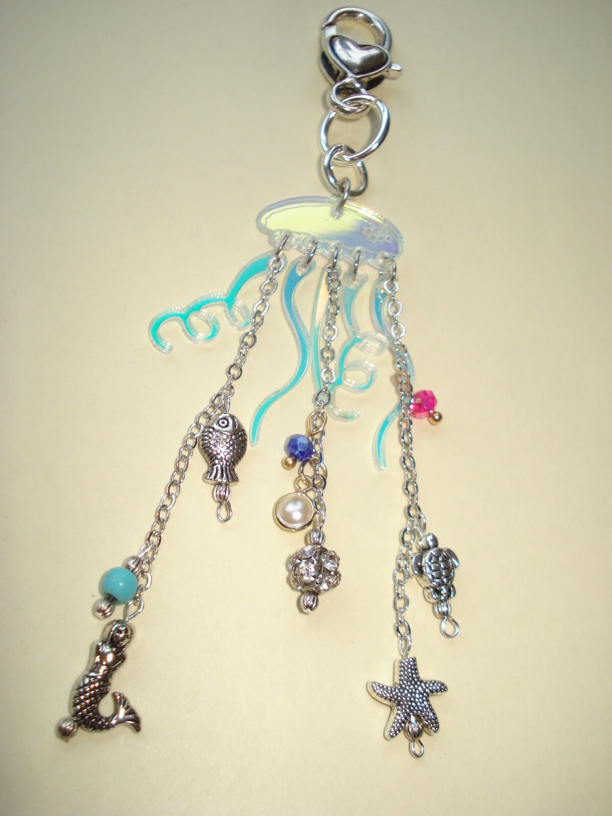 4 3/4″ Drop Plexie Jellyfish Oceanlife Purse Beach Bag Silver Heart Clasp Bling