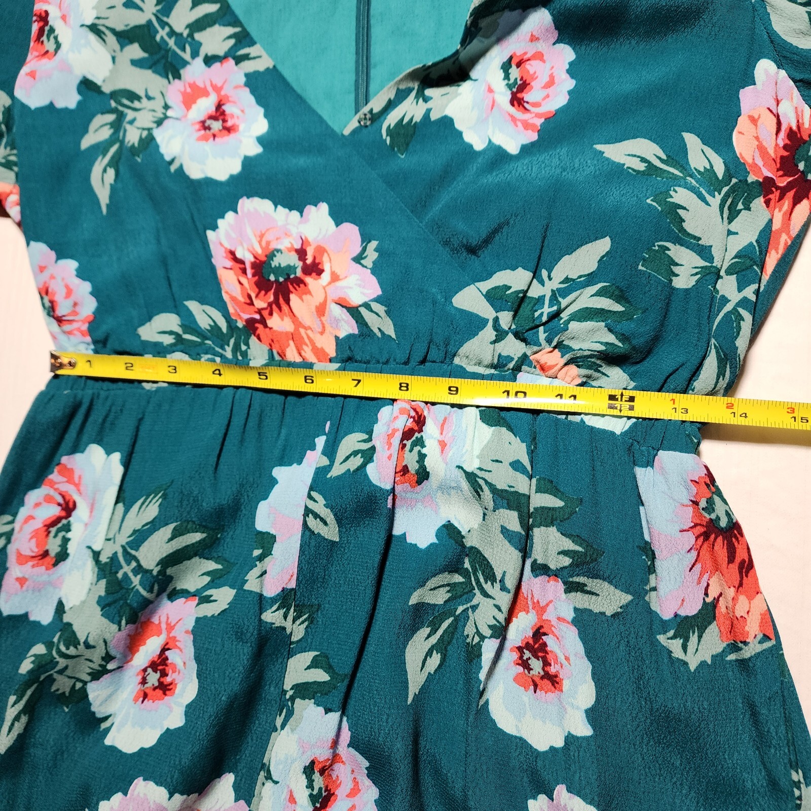 Minkpink Romper Womens Medium Green Pink Floral Short Long Sleeve Ruffles V Neck