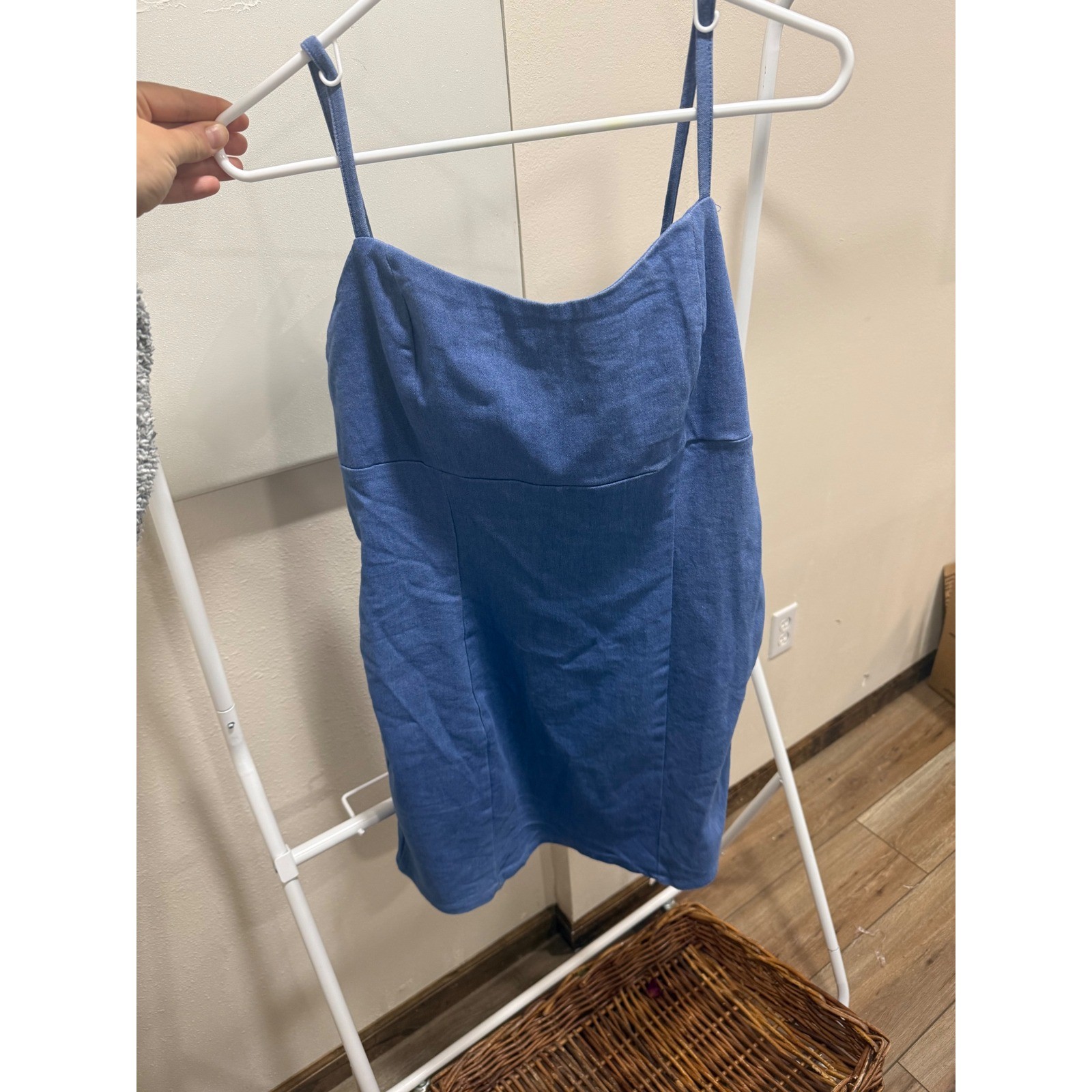 Blue Denim Bodycon Mini Dress Square Neck Spaghetti Strap Plus Size 1XL