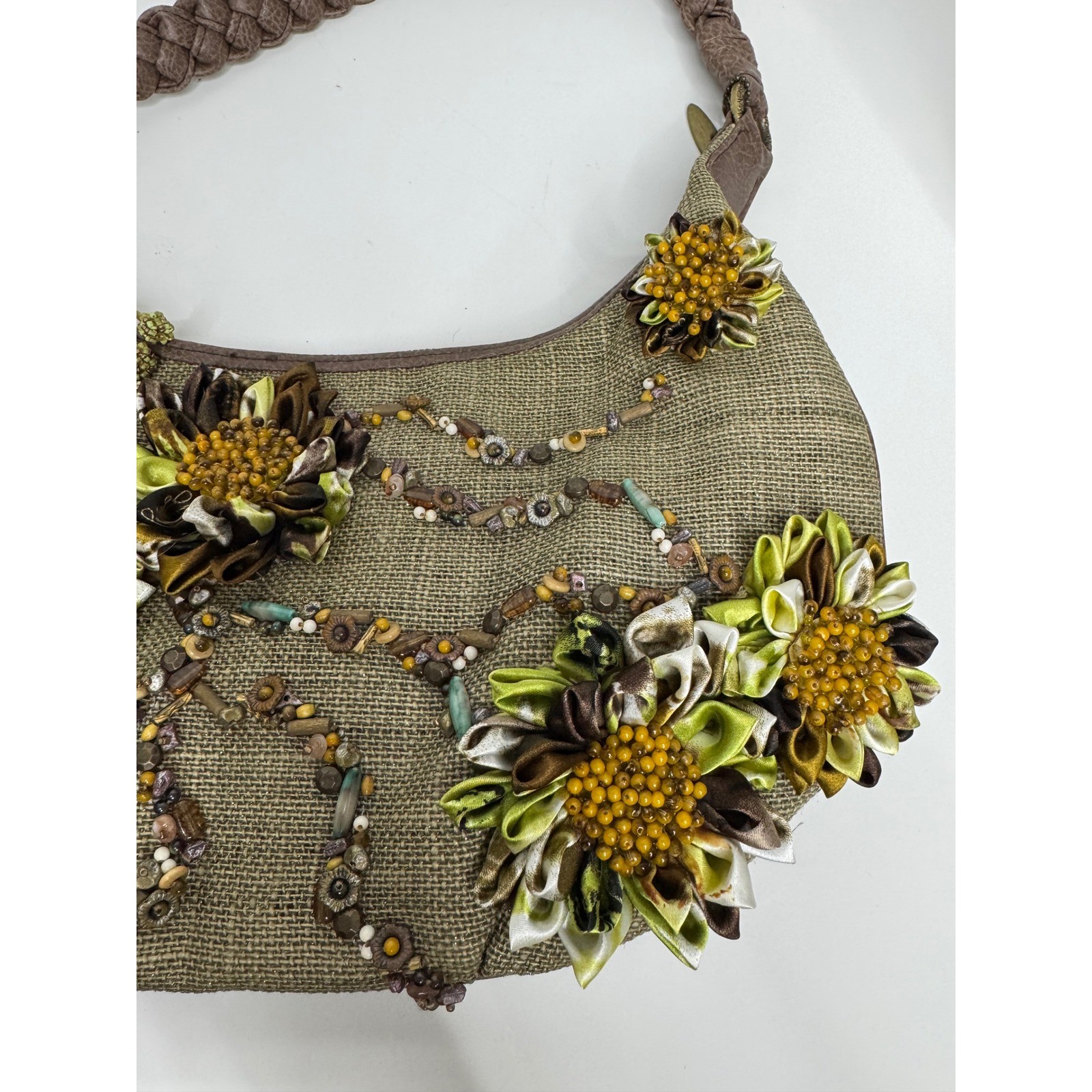 Mary Frances Olive Green Burlap Floral Embellished Beaded Hobo Bag Brown Braided