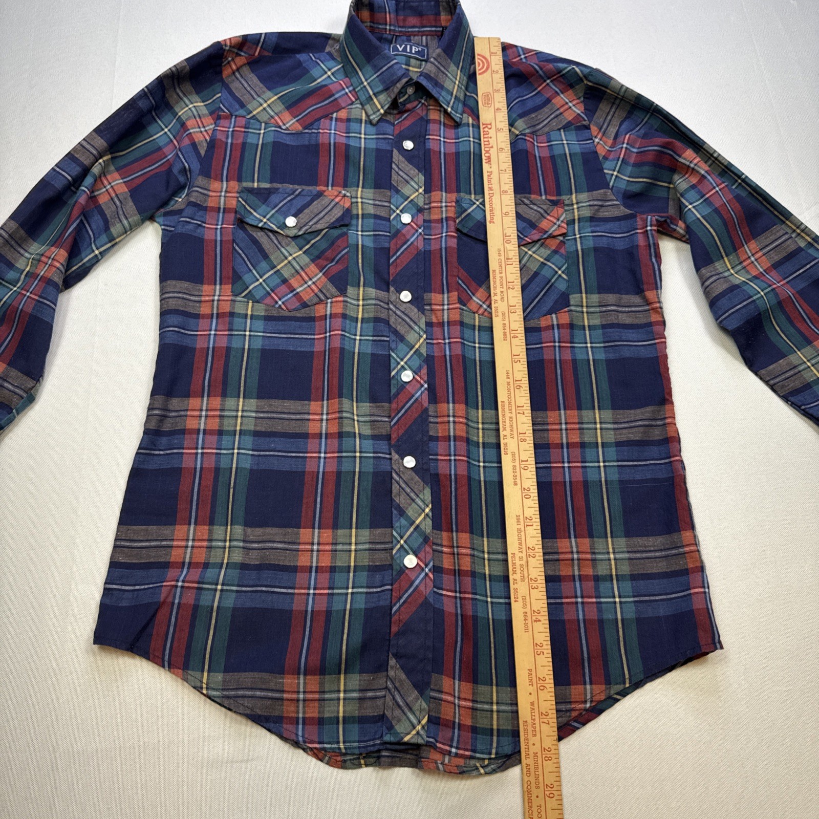 Vintage VIP Western Snap Shirt Mens S 90s Plaid Check Pearl Cowboy Ranch #0210