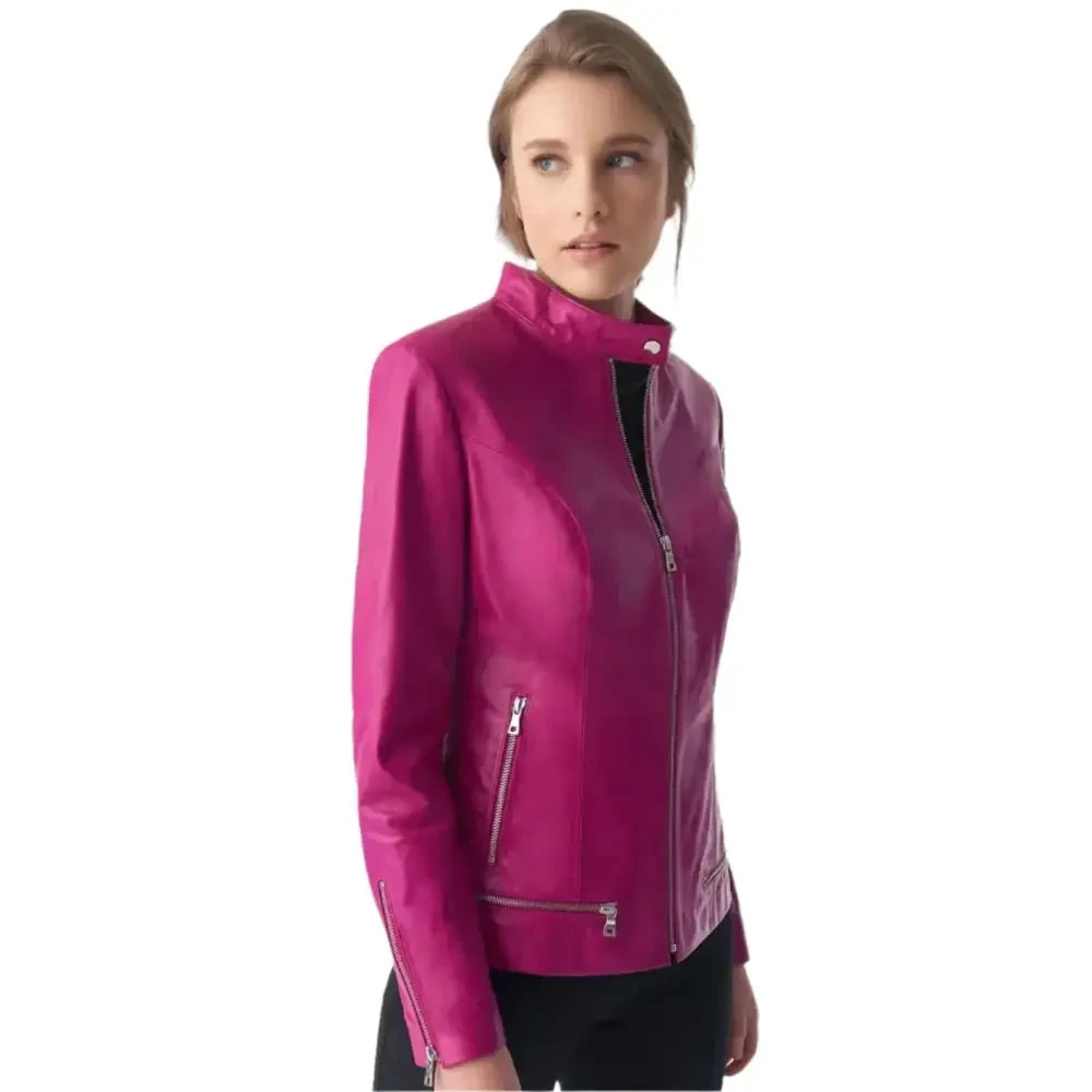 Women’s Stylish Fuchsia Leather Jacket – Zipper Hem Detail