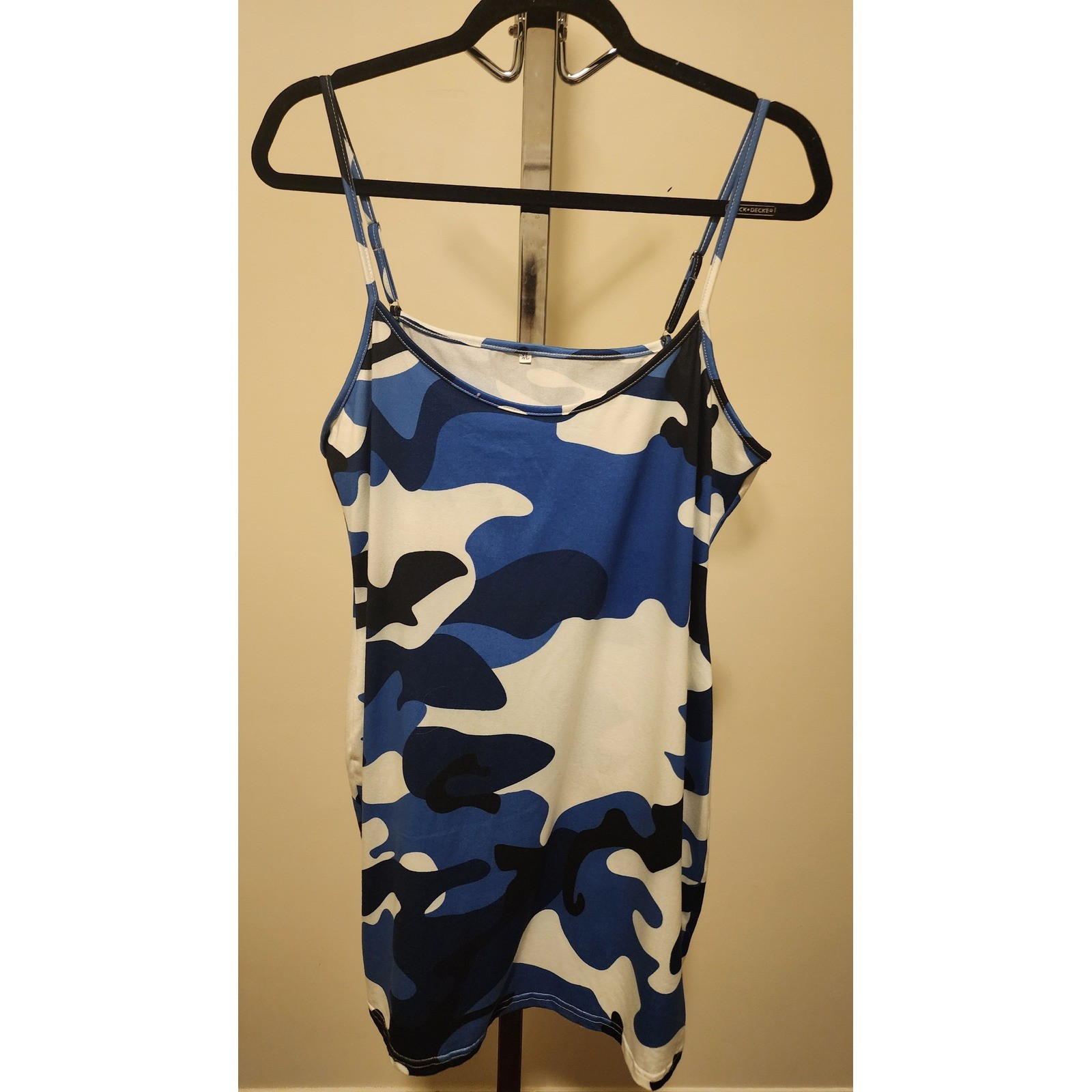 Blue Camouflage Bodycon Mini Dress Adjustable Spaghetti Straps XL Camo Print
