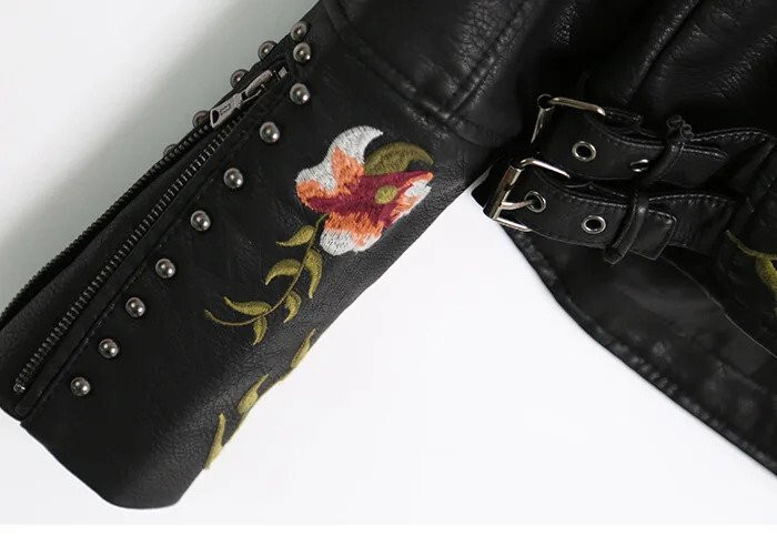 Embroidered Leather Jacket Flowers Embroidery PU Faux Leather