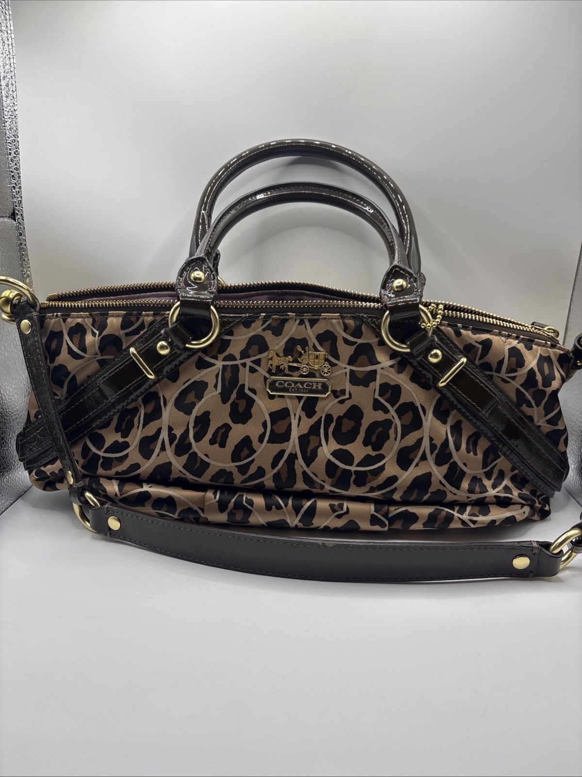 Coach Madison Ocelot Leopard Print OP Art Sateen Sophia Satchel Bag Purse 17764