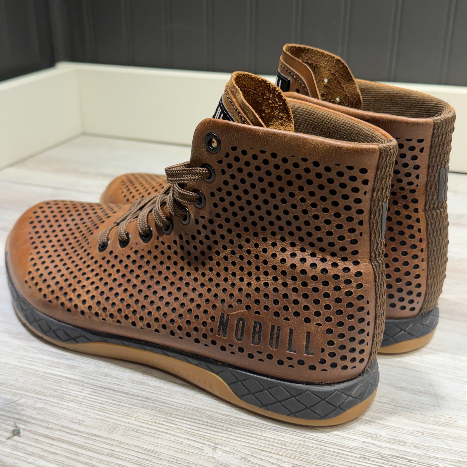 NOBULL High-Top Trainer Coffee Perforated Leather Brown Gum Sole Mens Size 8