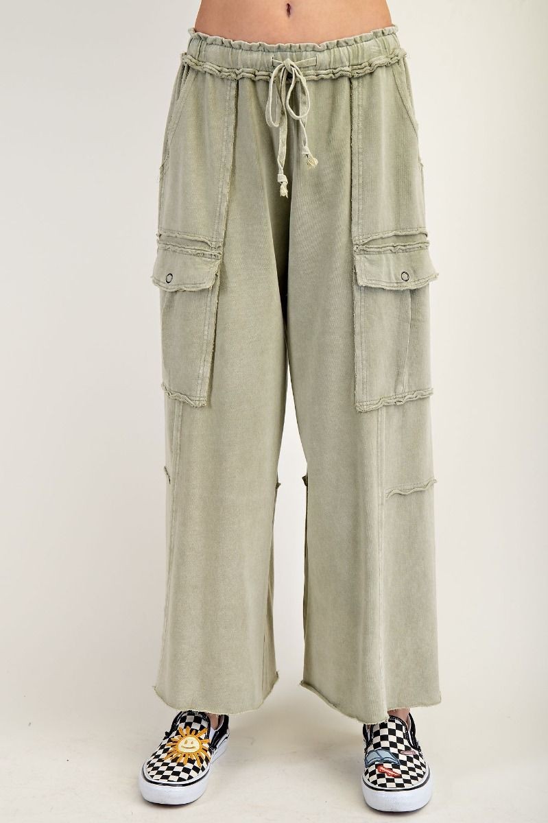 Easel Womens Utility Mineral Washed Wide Leg Terry Knit Cargo Pant- Faded Olive