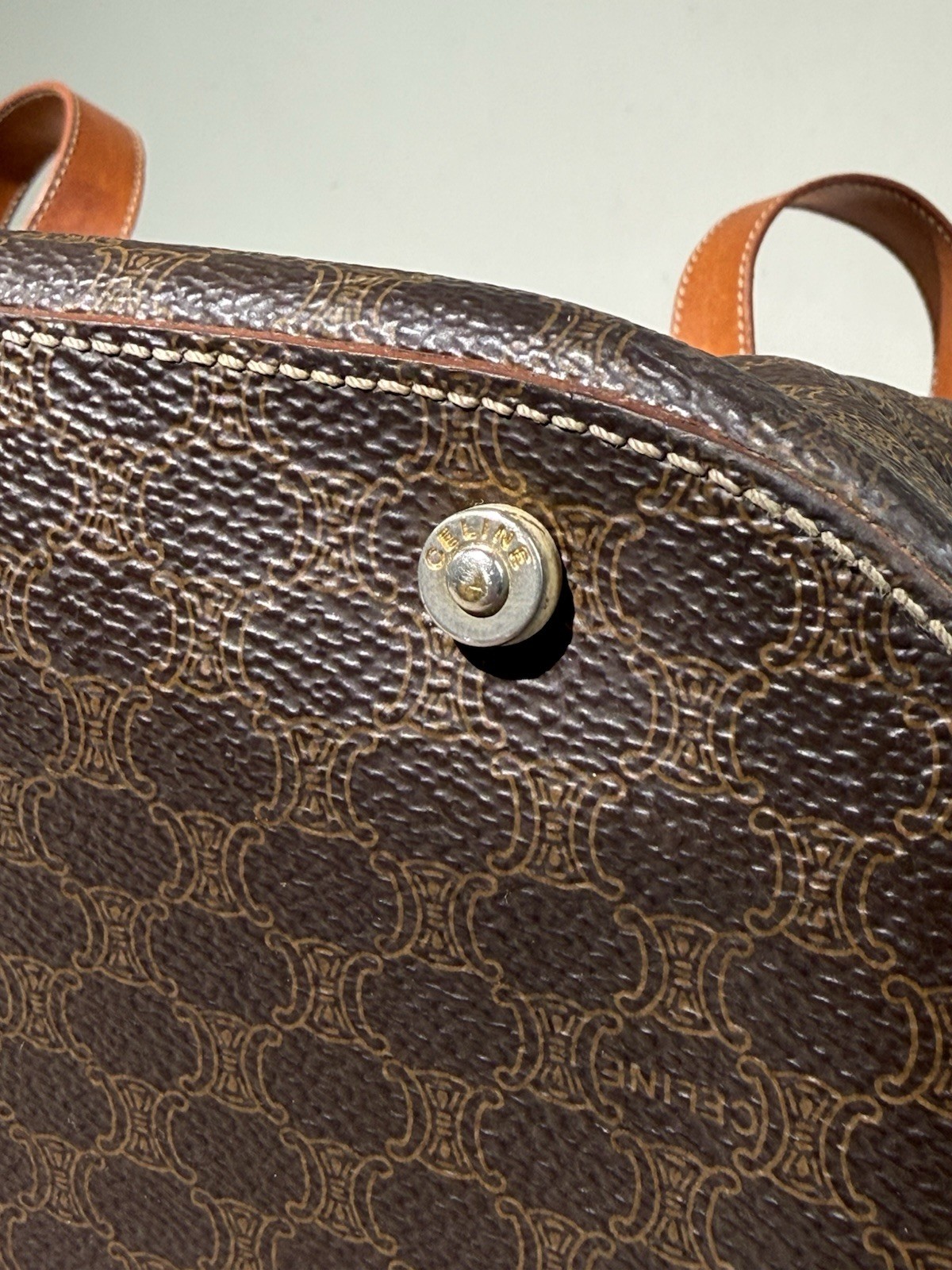 Celine Macadam Triomphe Brown Tote Bag Gold Hardware Leather Shoulder Strap