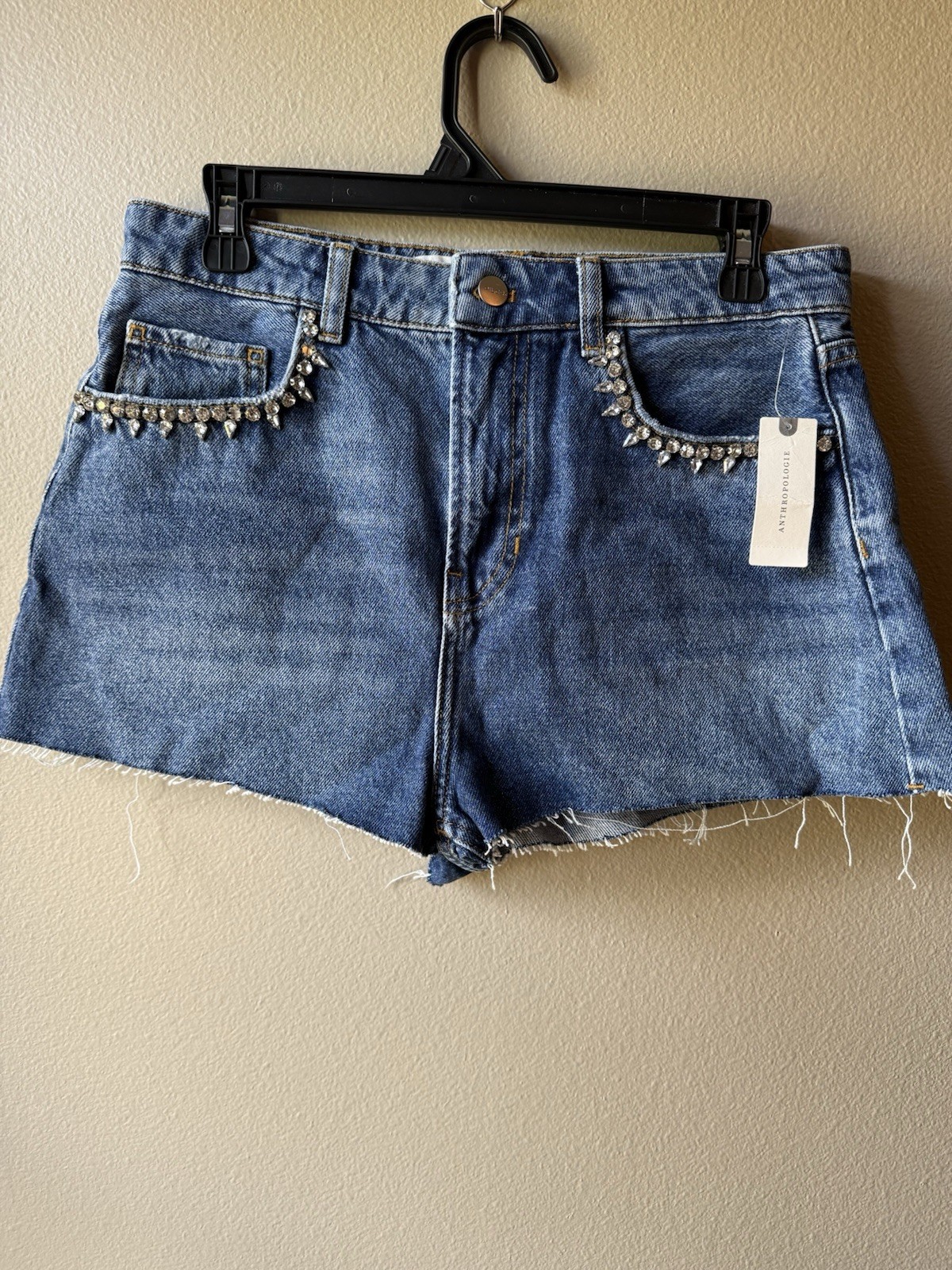 Pilcro Blue Denim Cut Off Shorts Rhinestone Trim 5-Pocket Mid Rise 29