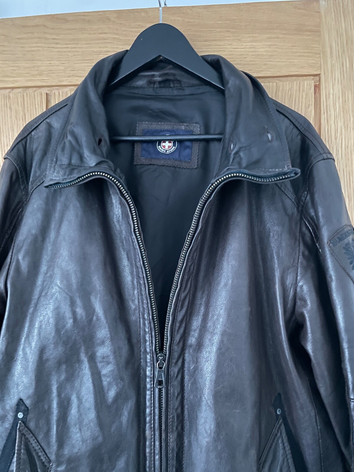 Vintage Brown Strellson Swiss Cross Leather Jacket Coat Size L Large Great Cond