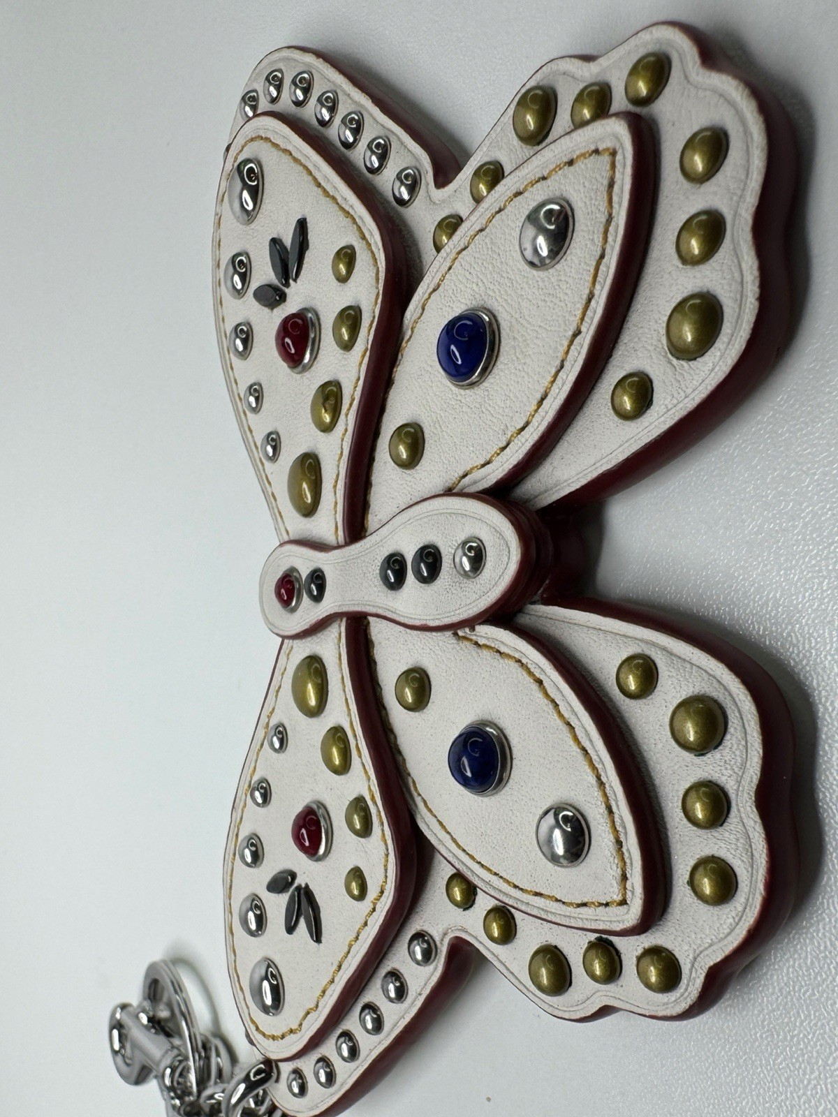 Coach Butterfly Large Leather Chalk White Colored Stone Metal Rivets Keychain