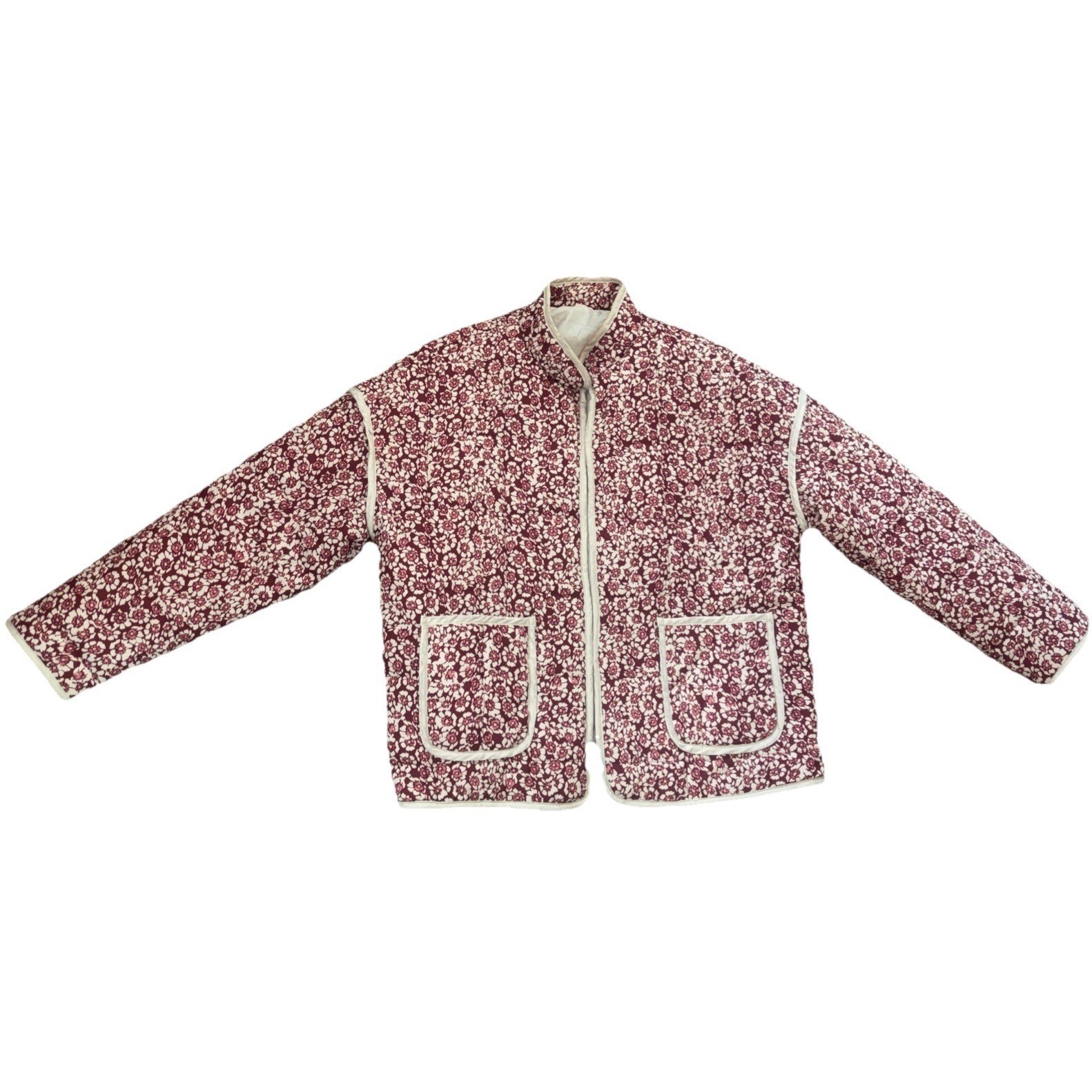 Quilted Floral Jacket Burgundy Cream Mock Neck Boxy Pockets Hook Eye Closure