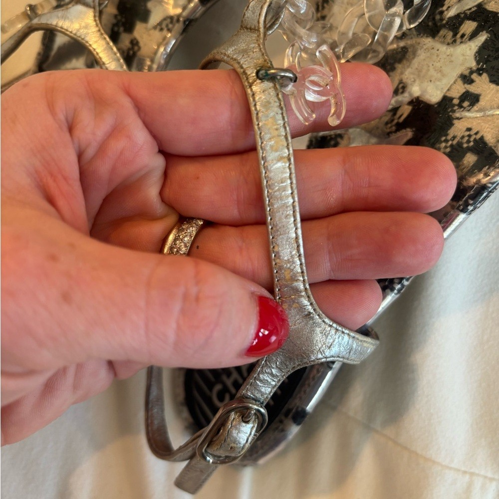 CHANEL Silver T-Strap Sandals with Clear Lucite Chain , Size 35