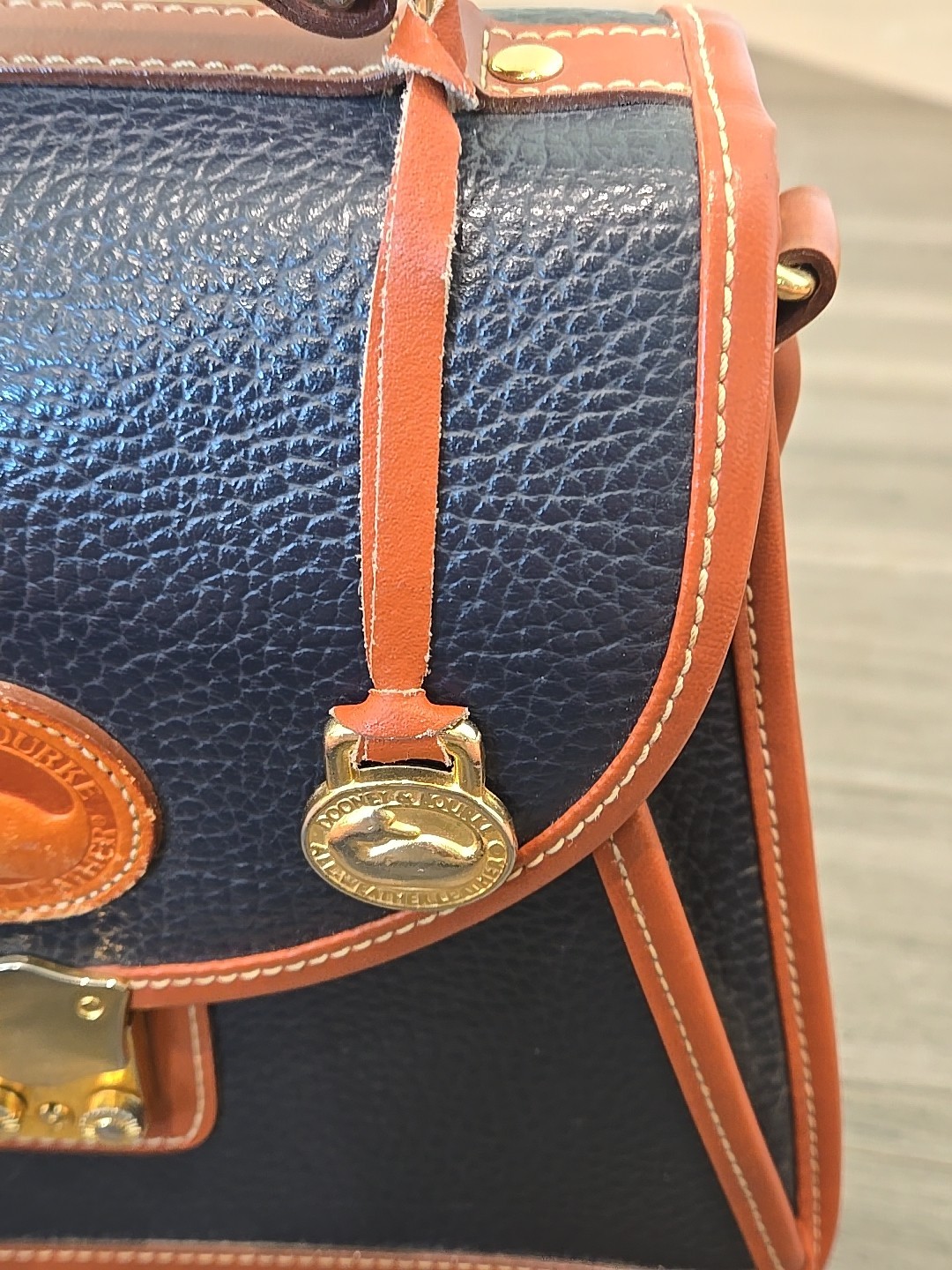 Vintage Dooney & Bourke All Weather Leather Spectator Bag Navy Push Lock Classic