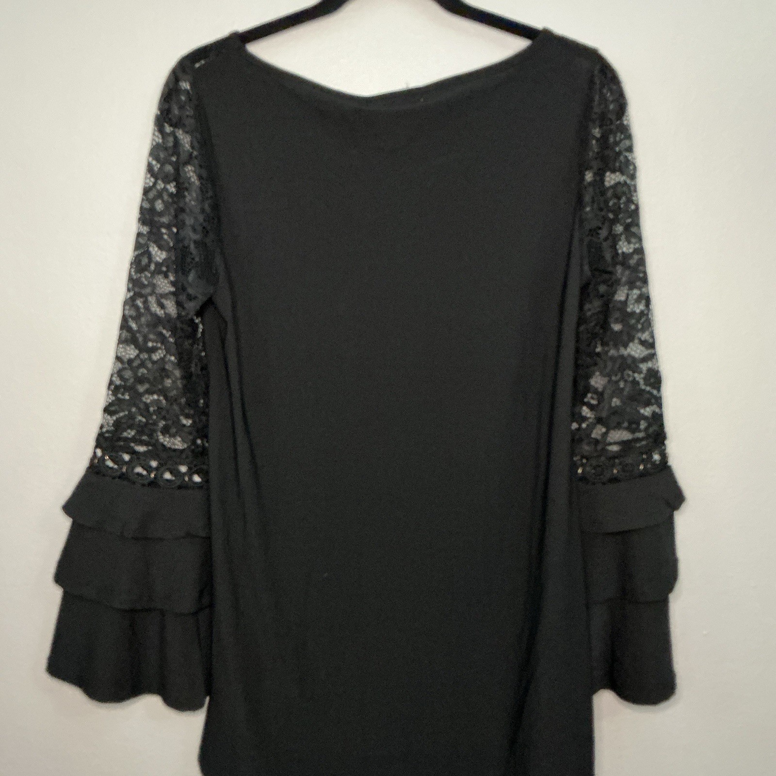 NWT Bellini Women’s M Black Solid Scoop Neck Lace Yoke Ruffle Bell Sleeve Blouse