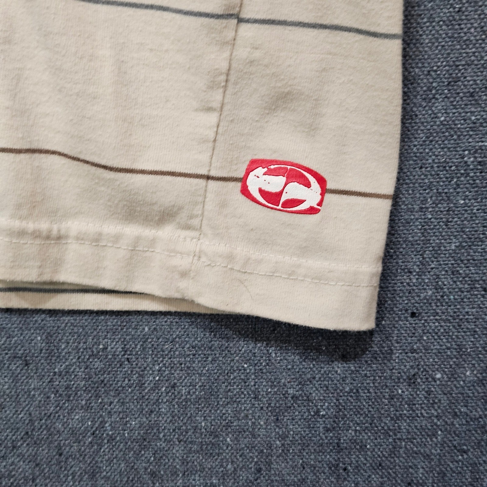 Split Skater Polo Shirt Mens Large Brown Cream Striped Raglan Y2K Streetwear
