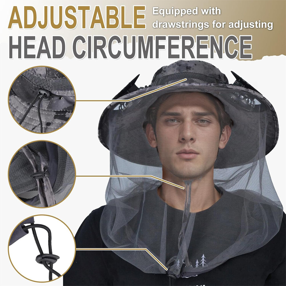 Mosquito Net Hat With Solar Fan Wide Brim Fishing Outdoor Men Women Sun Cap Gift
