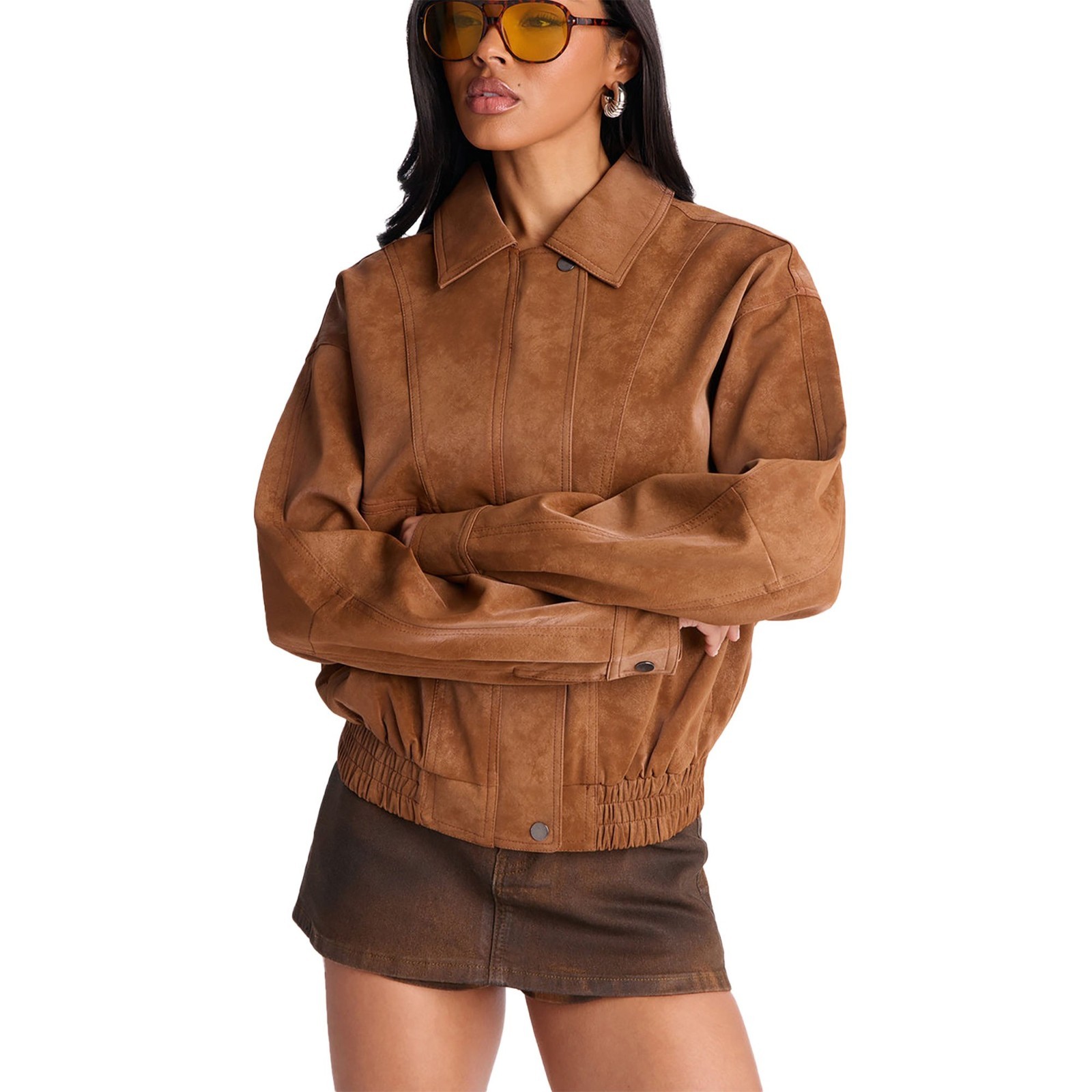 Women’s Real Leather Jacket Tan Brown Suede Oversized Bomber Motorcycle Coat Zip